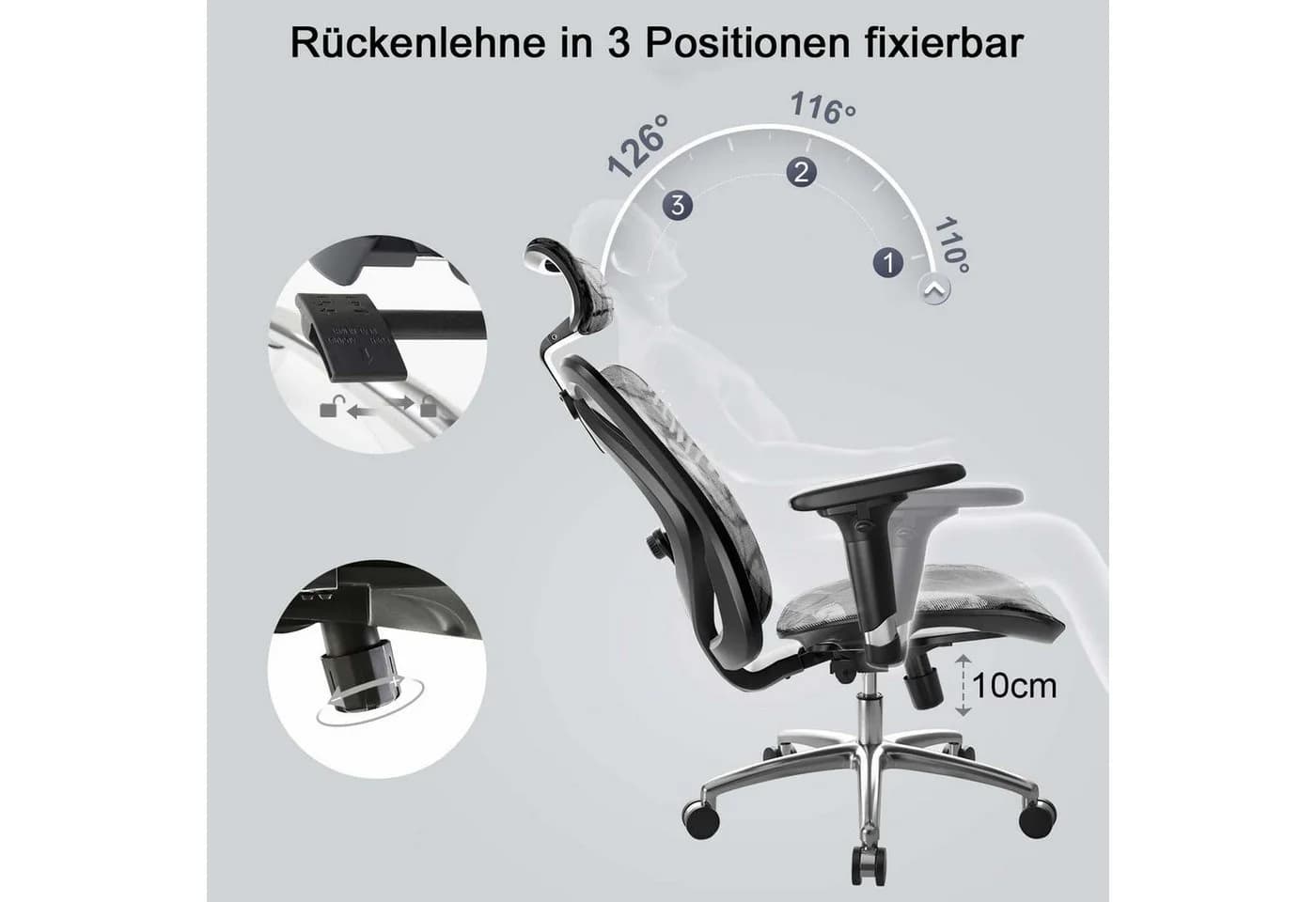 SIHOO Bürostuhl Schwarz Ergonomisch Verstellbare Armlehne 150kg - Bild 5