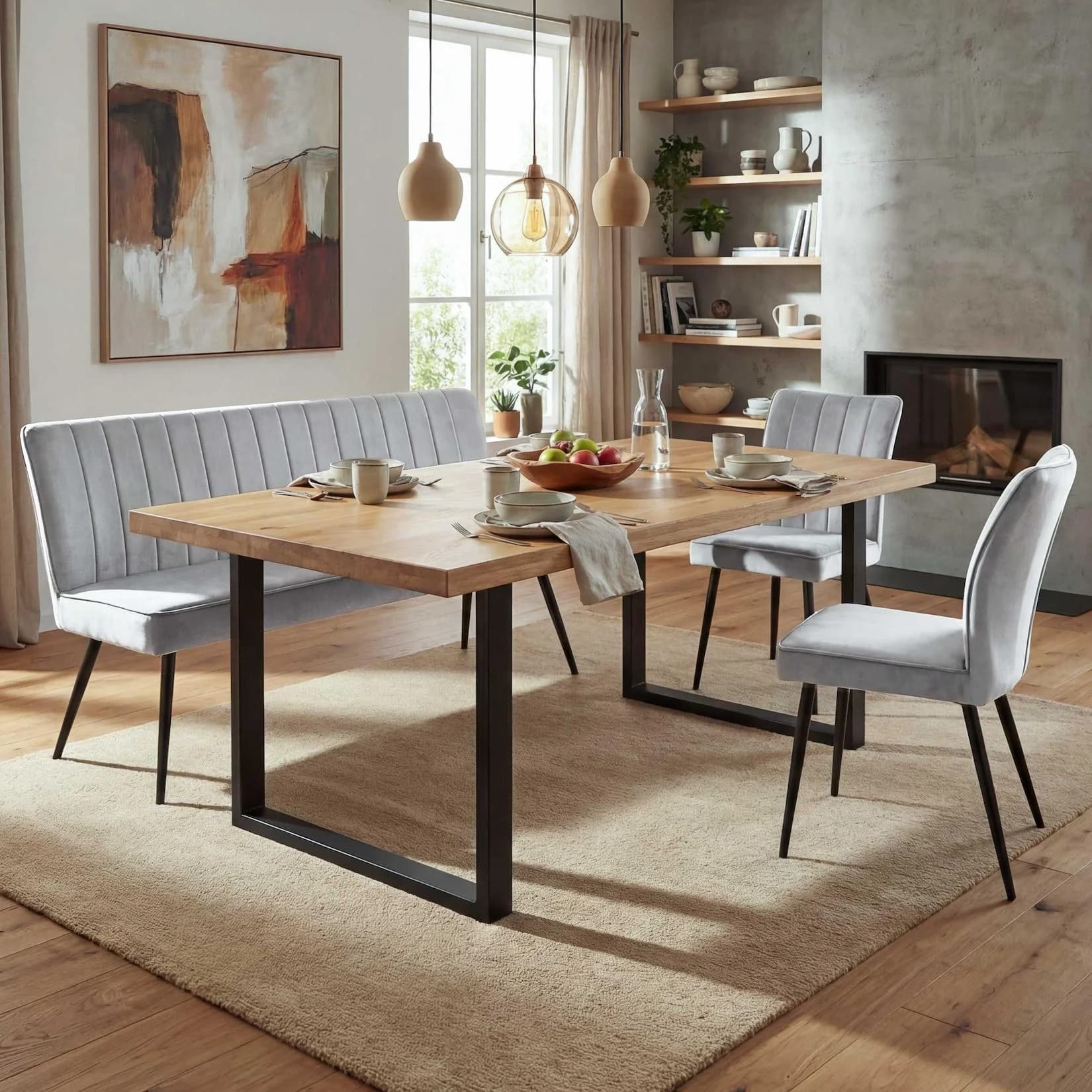MCW Esszimmer-Set 2er Stuhl + 3-Sitzer Sitzbank Samt Metall Hellgrau
