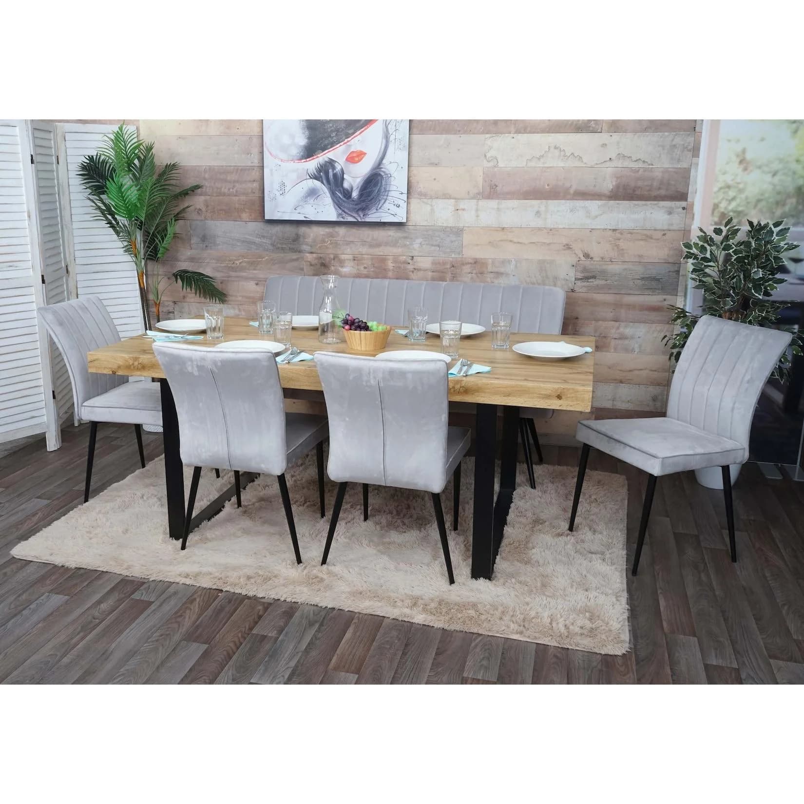 Esszimmer-Set MCW-K16 5-tlg. Hellgrau Samt Metall
