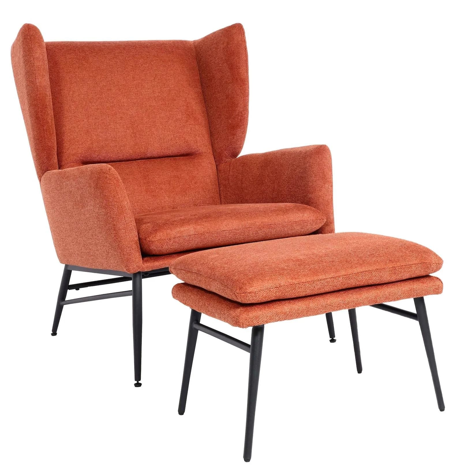 Lounge-Sessel mit Ottomane MCW-L62, Ohrensessel Polstersessel Cocktailsessel Hocker Stoff Terracotta-Braun