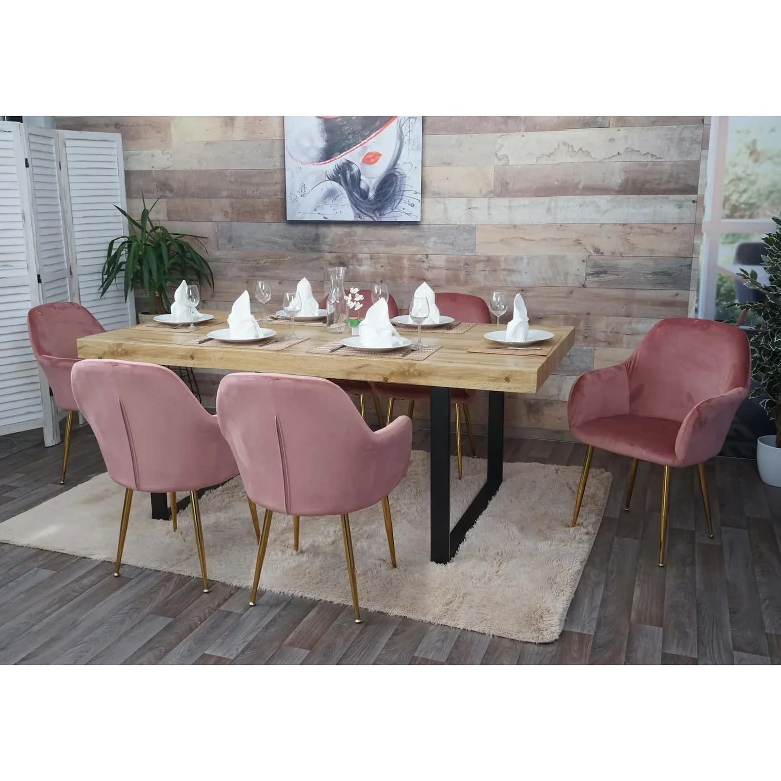 6er-Set Esszimmerstuhl MCW-F18 Retro Design Samt altrosa goldene Beine