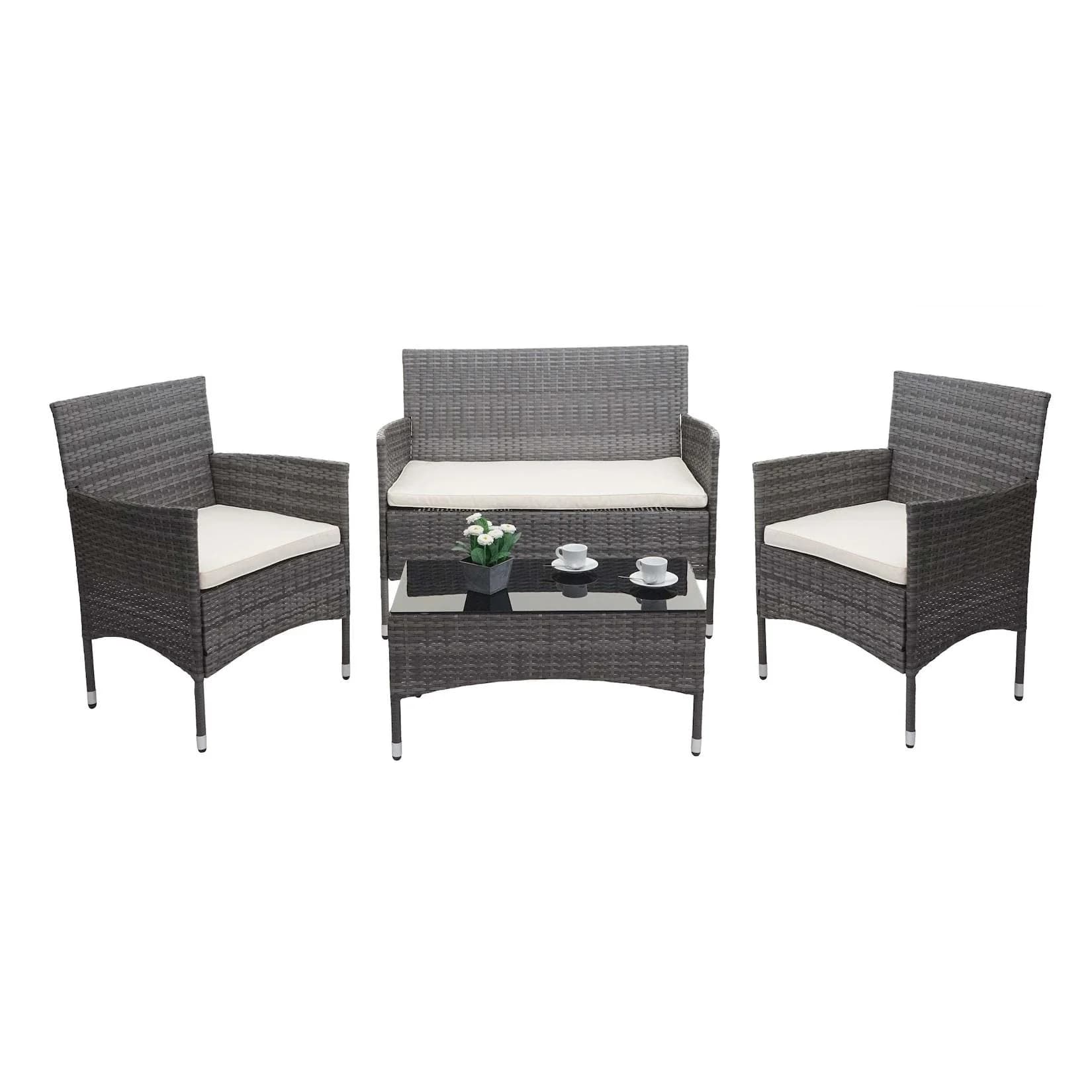 Graues Poly-Rattan Balkon-Lounge-Set MCW-F55 mit cremefarbenen Polstern für vier Personen.