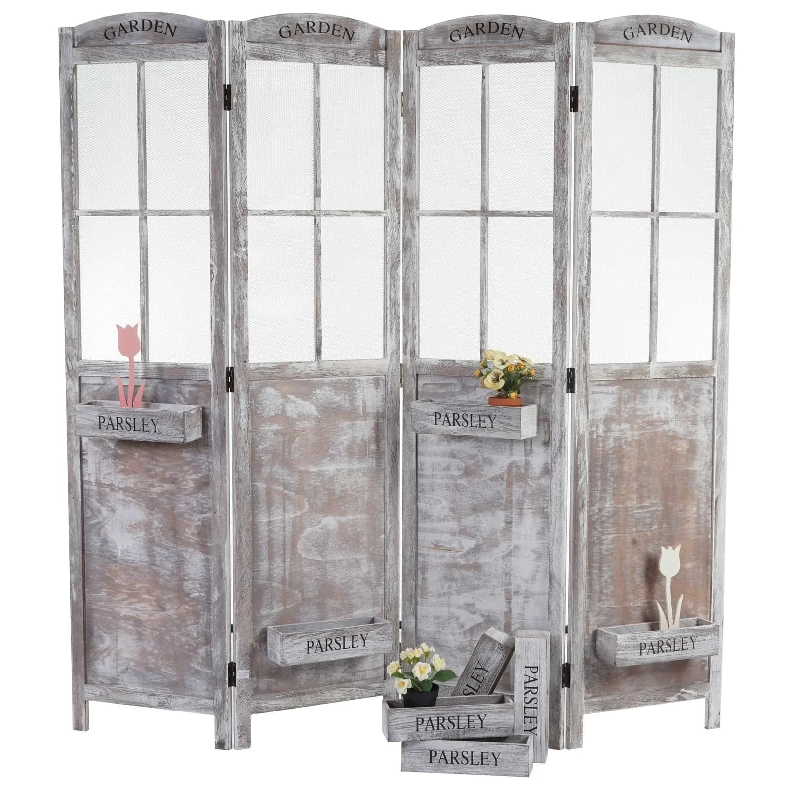 Paravent MCW-M66 Raumteiler Sichtschutz Pflanzkörbe 4 Paneele Shabby-Look - Bild 2