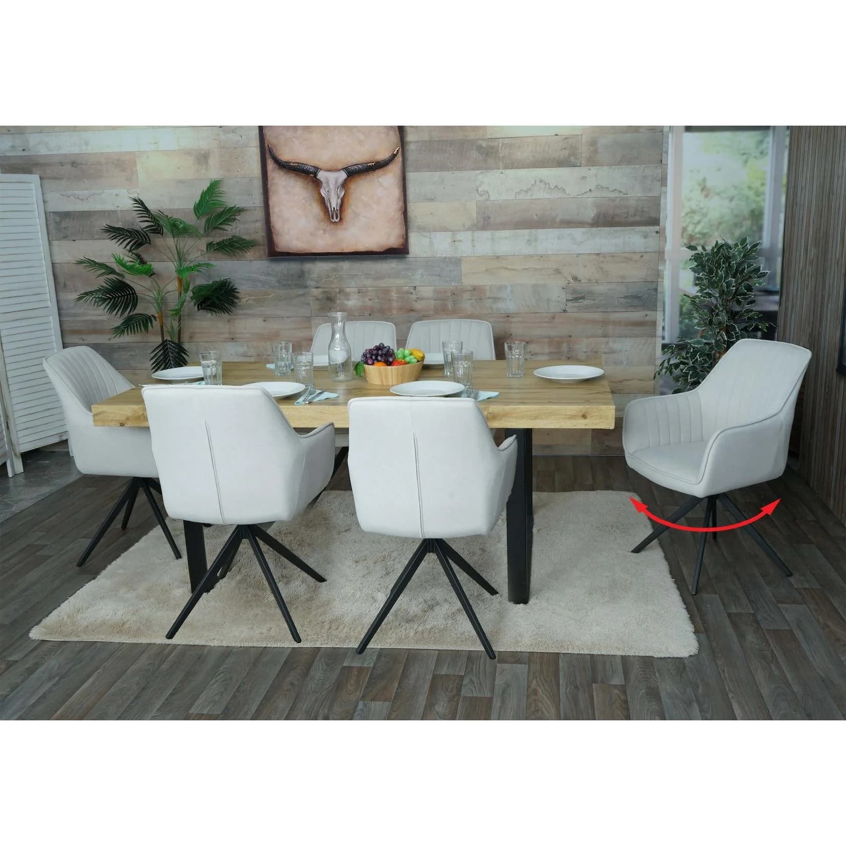 MCW 6er-Set Esszimmerstuhl Creme-Beige Stoff Drehbar mit Armlehnen