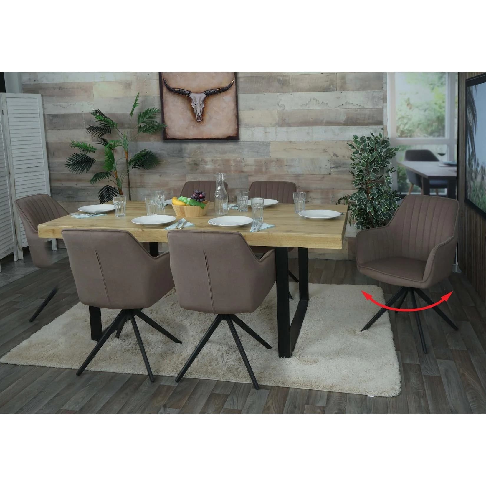6er-Set Esszimmerstuhl MCW-L79 Braun Stoff Drehbar mit Armlehnen