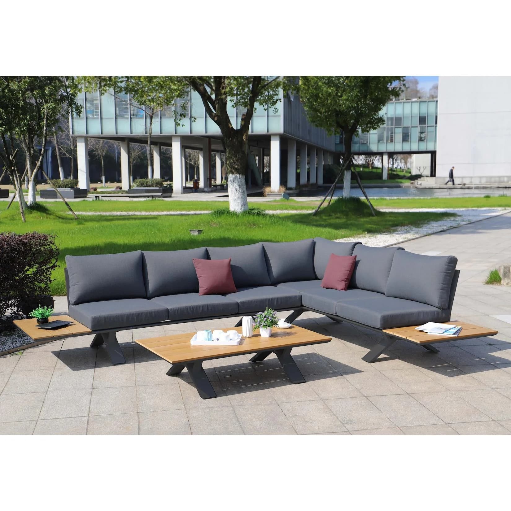 MCW Aluminium Garten-Garnitur MCW-M62, 6-tlg. Sitzgruppe mit Holzoptik