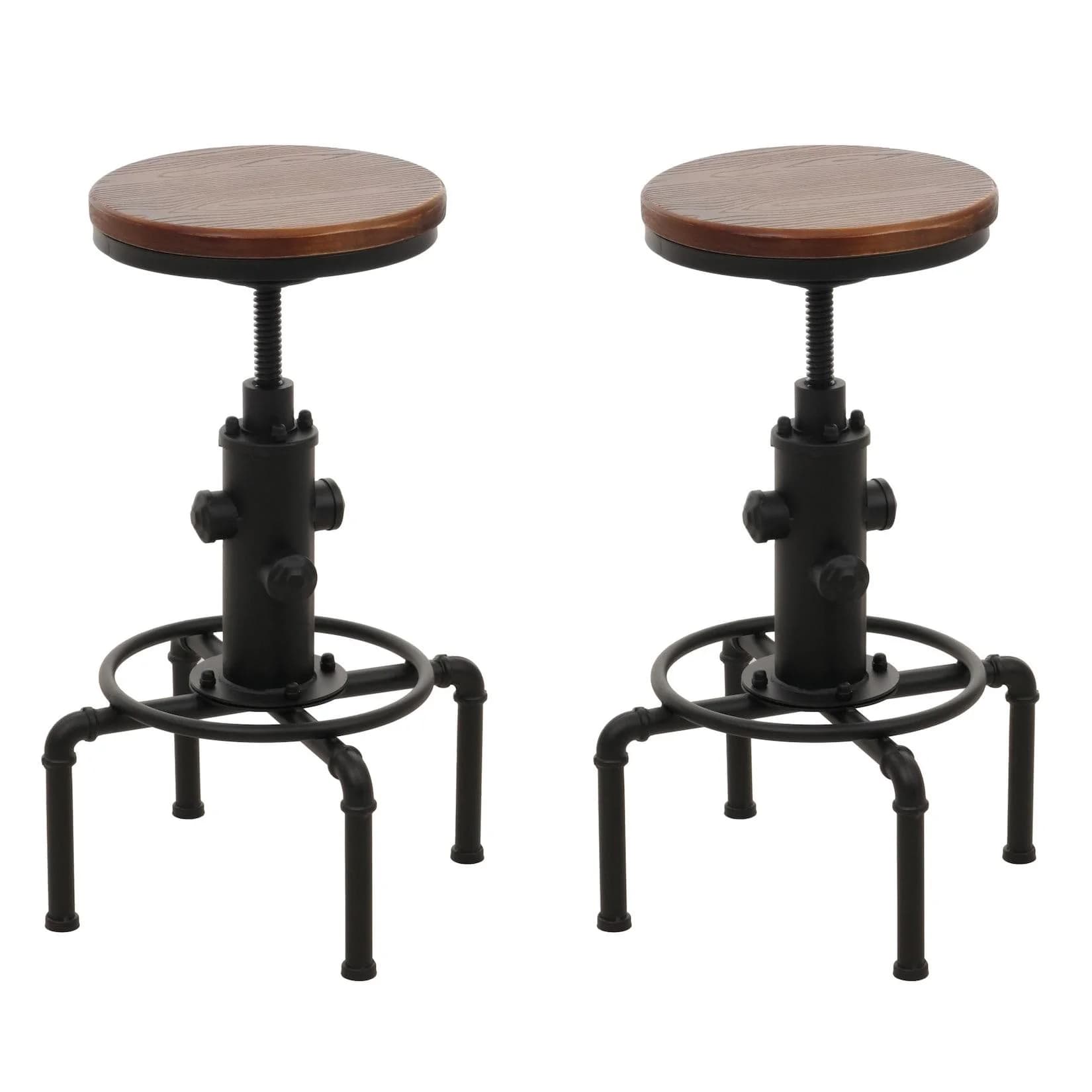 MCW Barhocker MCW-N23 2er-Set höhenverstellbar drehbar Fußablage Industrial Eisen Massivholz Braun