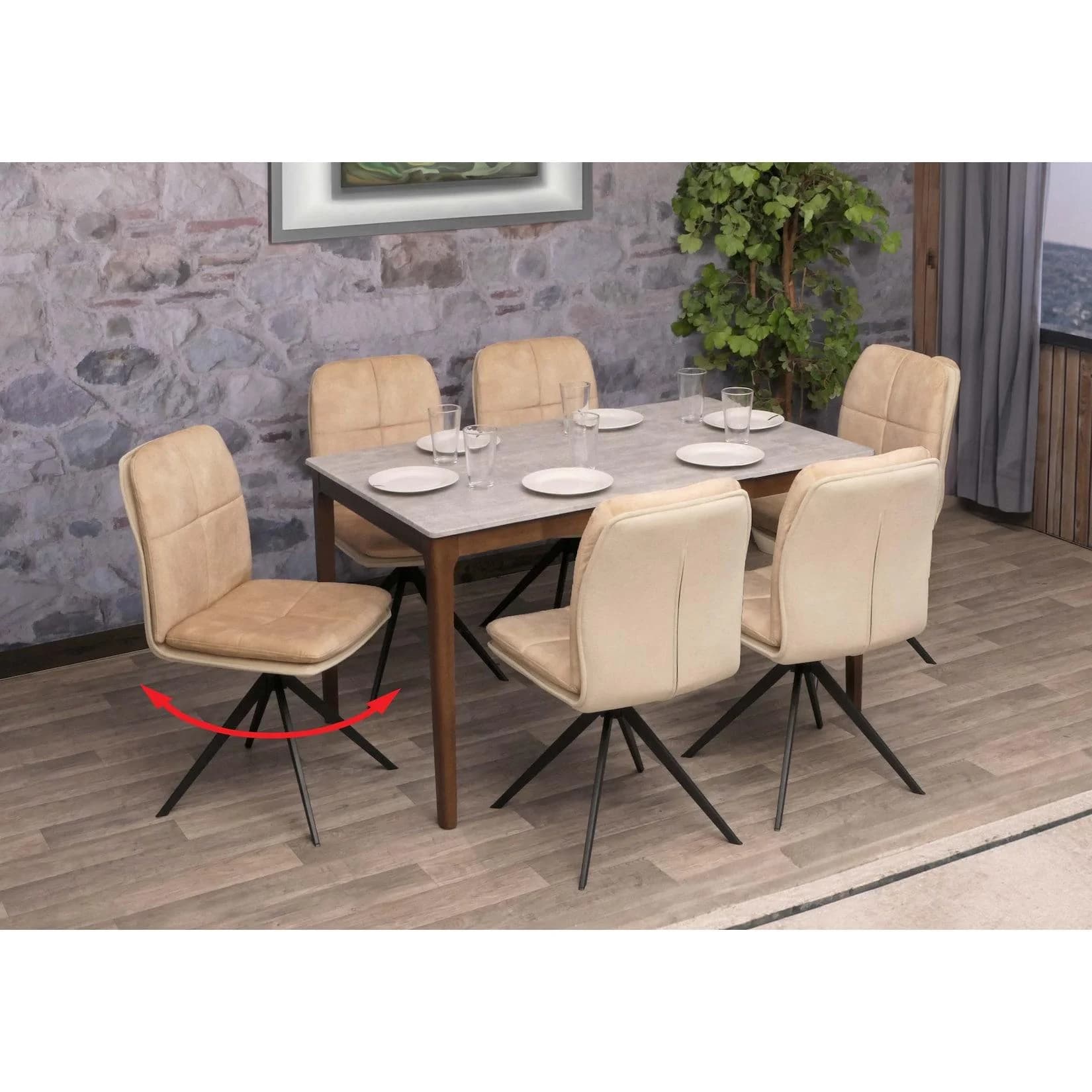 MCW 6er-Set Esszimmerstuhl Beige Metall Stoff Drehbar