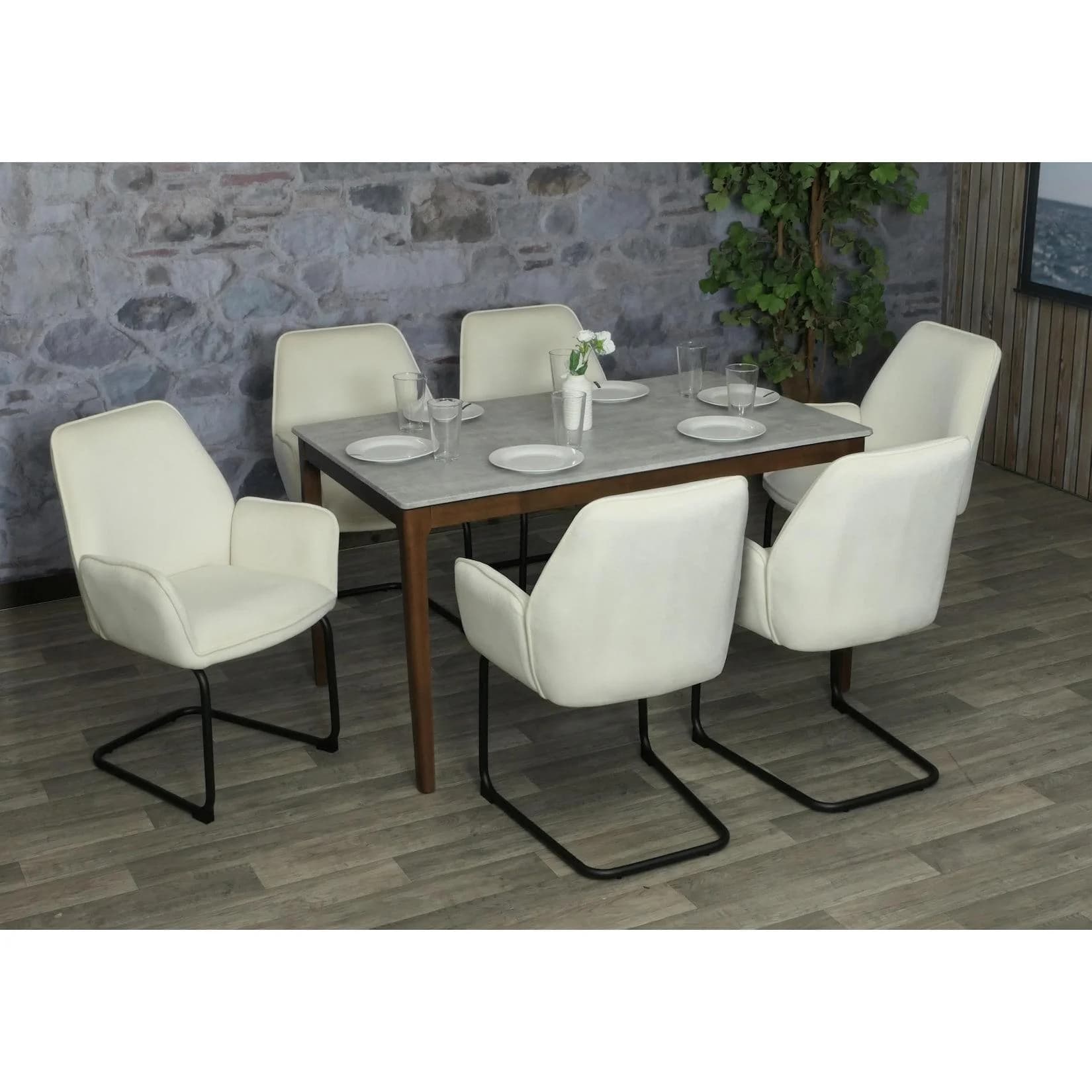 6er-Set Freischwinger MCW-G67 Esszimmerstuhl creme-beige Stoff