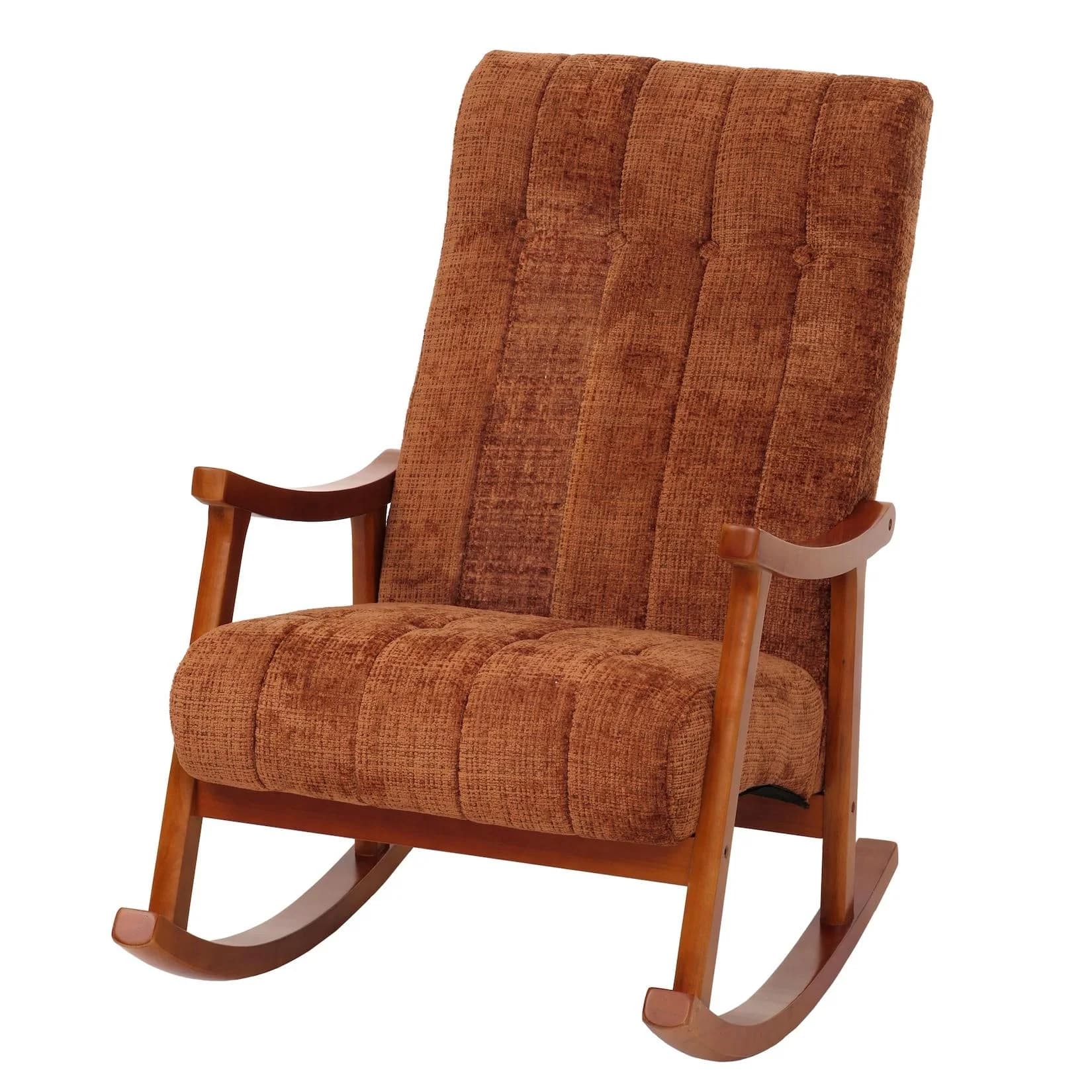Schaukelstuhl MCW-K10 Relaxsessel Holz Chenille Terrakotta Walnuss-Optik