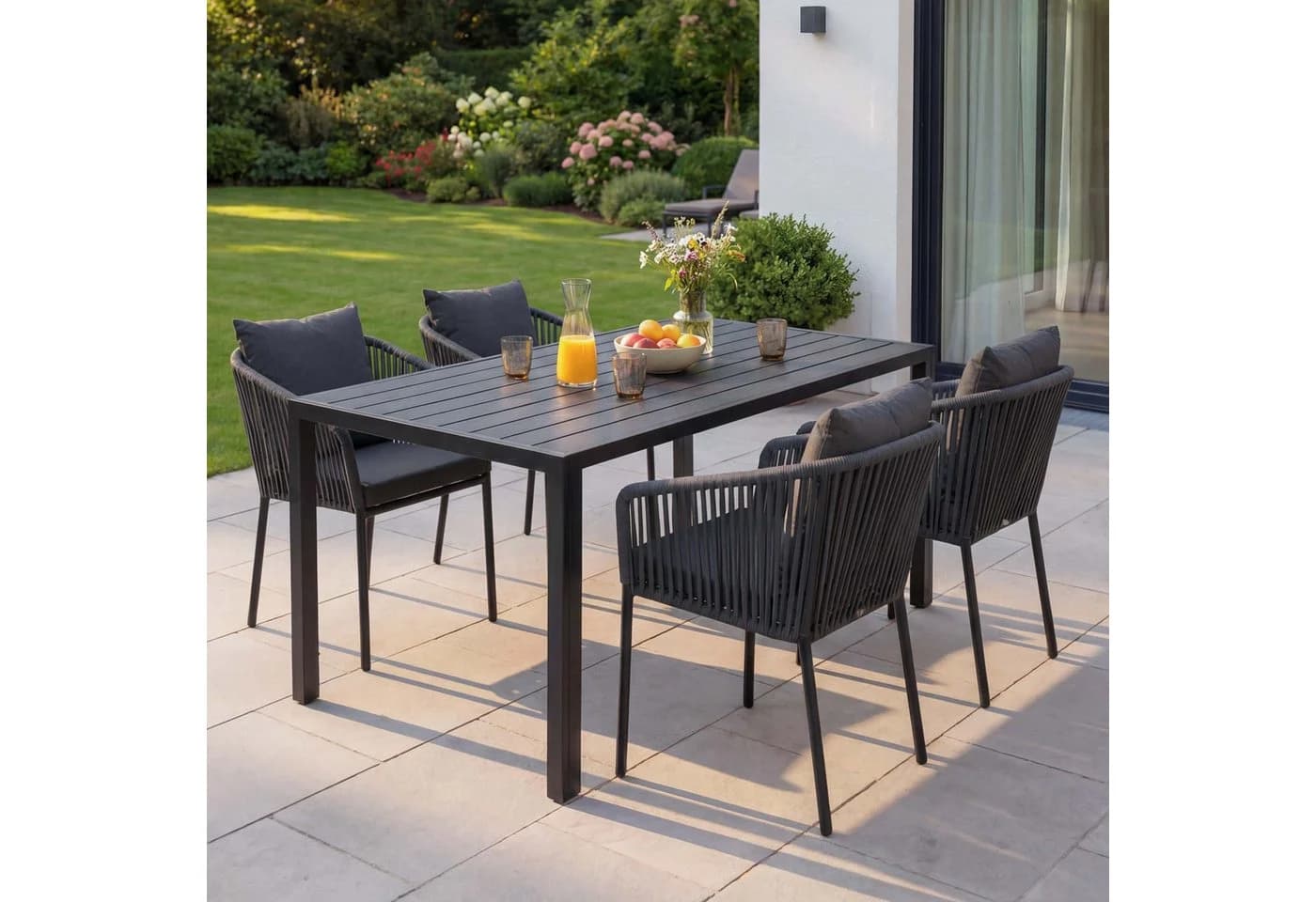 Gartengarnitur MCW-N41 Tisch+4xStuhl wetterfest Alu Seilgeflecht anthrazit Kissen dunkelgrau - Bild 3