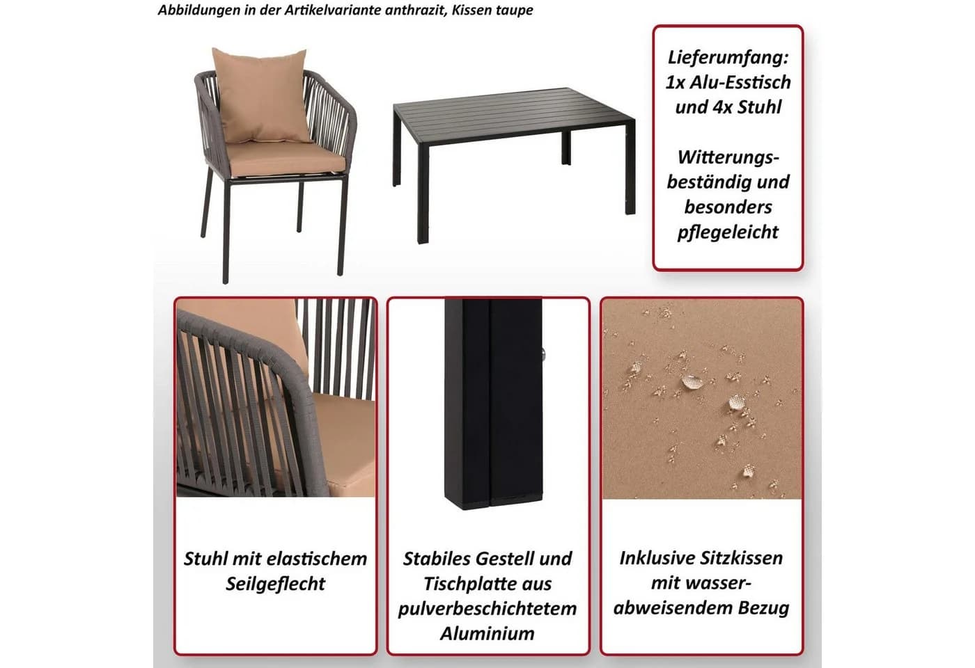 Gartengarnitur MCW-N41 Tisch+4xStuhl wetterfest Alu Seilgeflecht anthrazit Kissen dunkelgrau - Bild 5