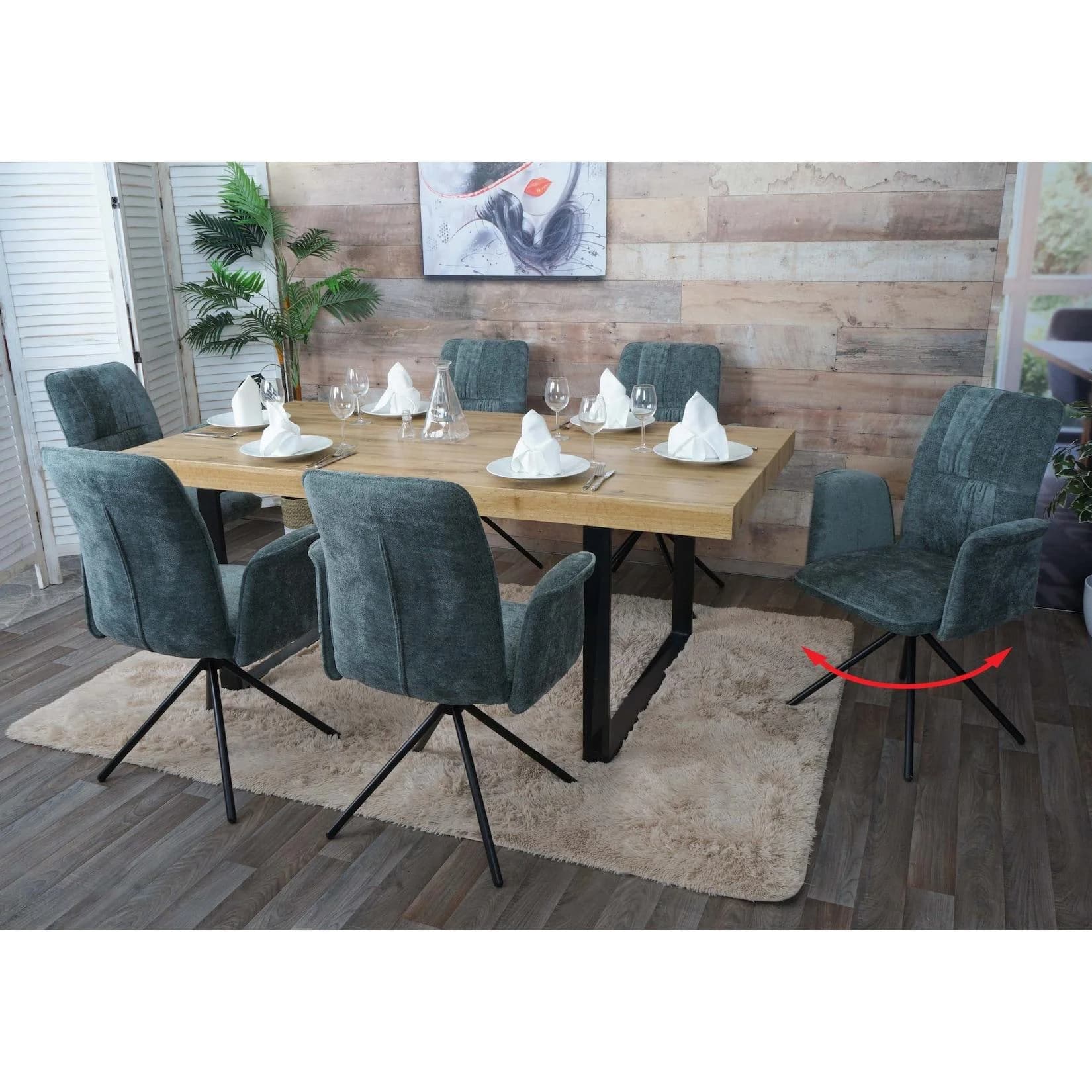 6er-Set Esszimmerstuhl MCW-N99 Drehbar Armlehne Chenille Blau-Grün