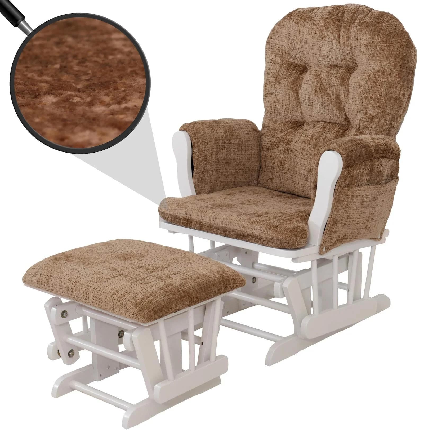Relaxsessel MCW-C76 Schaukelstuhl mit Hocker Chenille hellbraun Gestell weiß