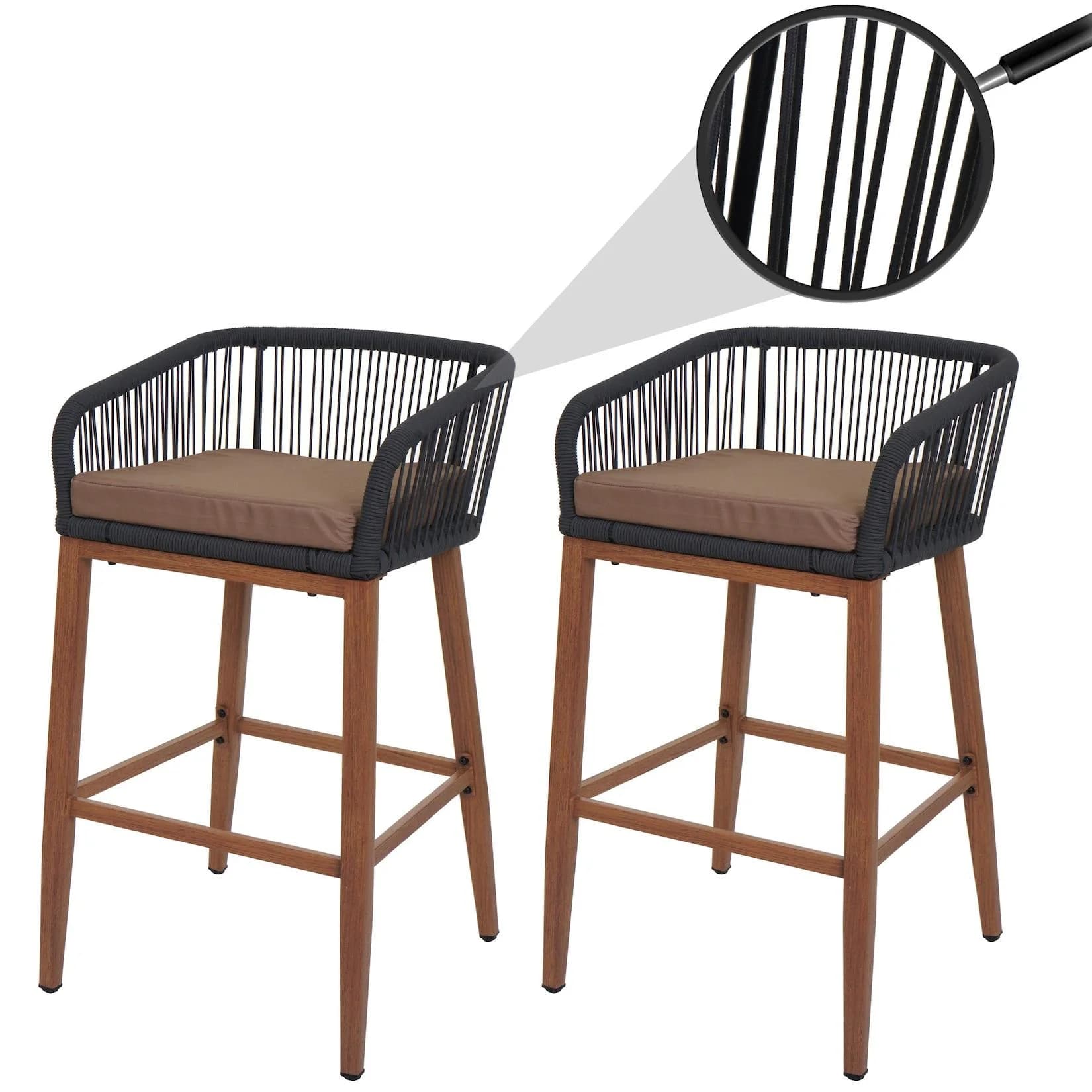 2er-Set Rope-Barhocker MCW-O22 Outdoor Seilgeflecht Metall Holz-Optik Anthrazit Taupe