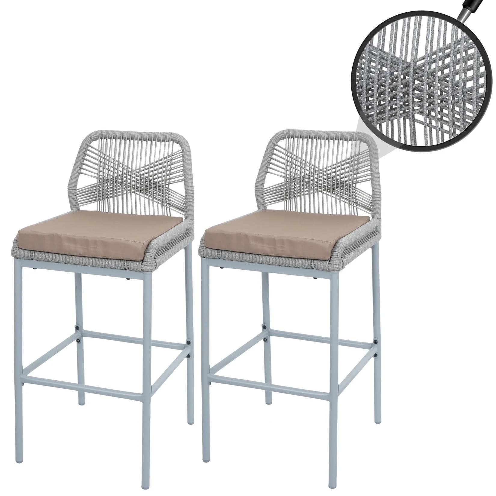 MCW 2er-Set Rope-Barhocker Outdoor Metall Seilgeflecht Grau Taupe
