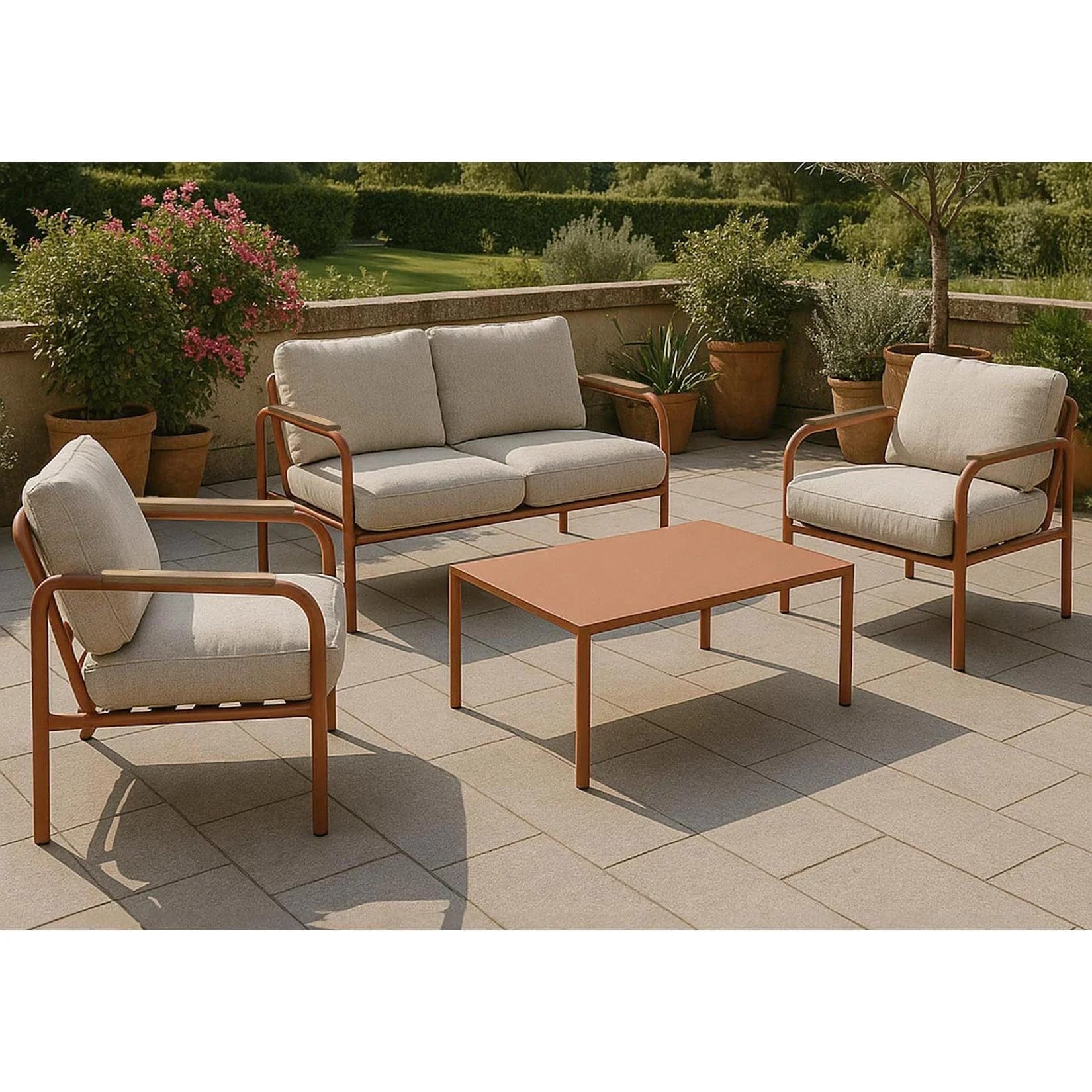 Aluminium-Gartengarnitur MCW-O11 Outdoor 2-Sitzer Sitzbank Sessel Sofa Olefin Terrakotta Polster Beige