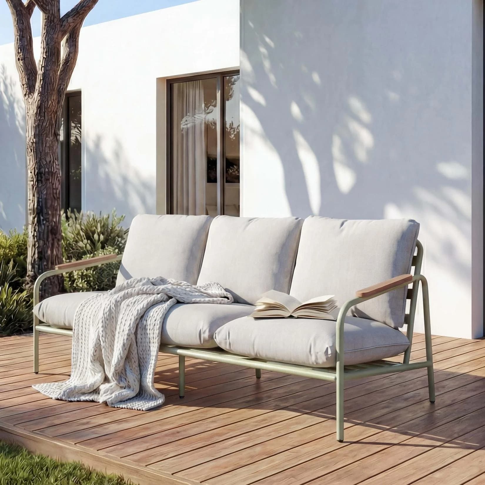Aluminium-Gartenbank MCW-O11 Outdoor 3-Sitzer hellgrün Polster
