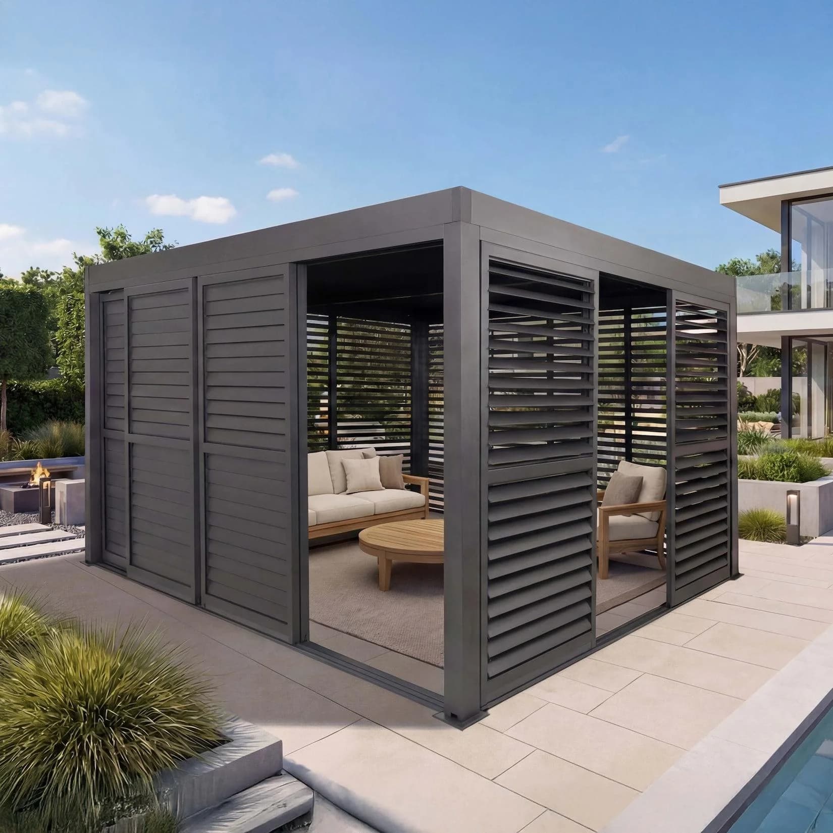 MCW Alu Pergola 3x4m mit 7 Schiebetüren Anthrazit