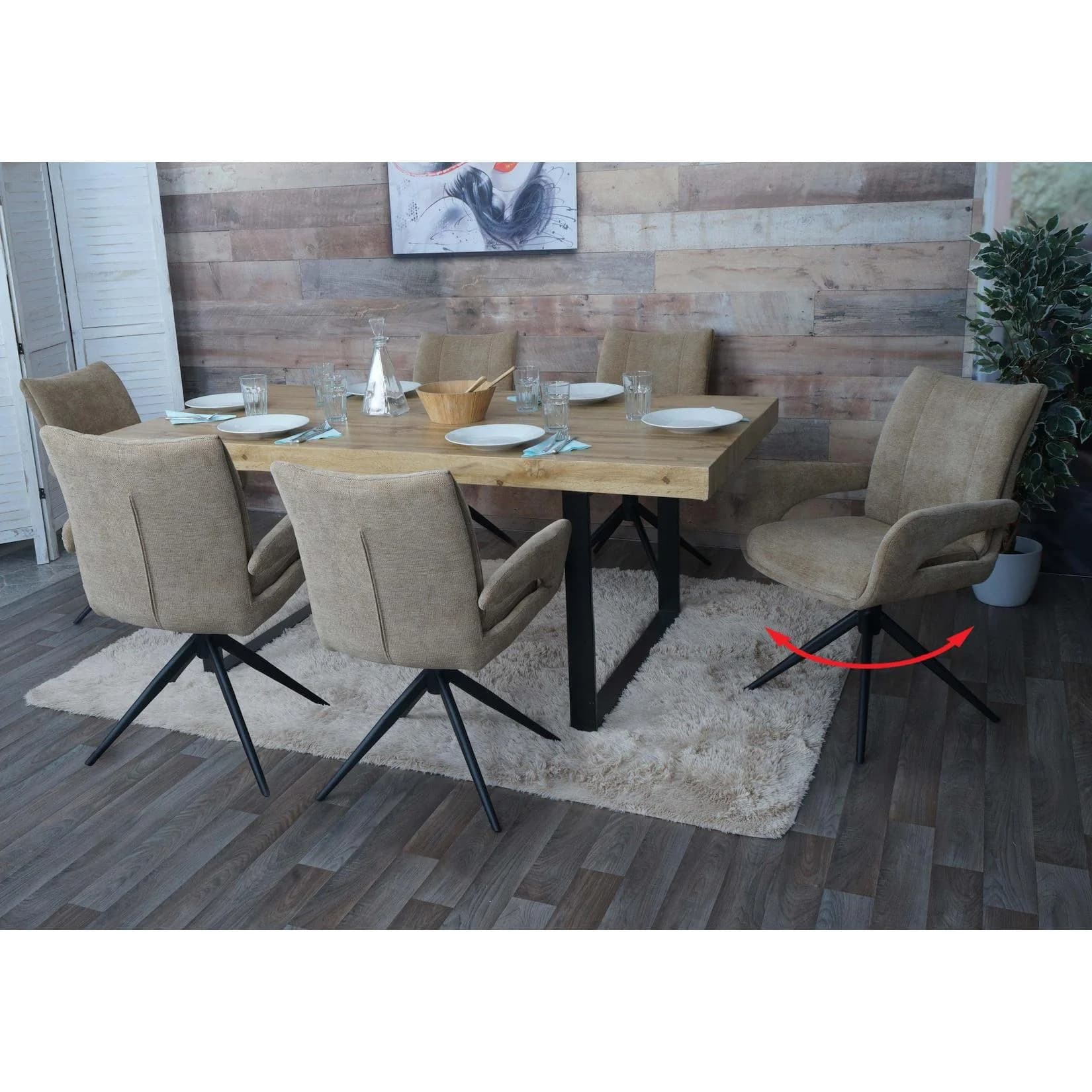 6er-Set Esszimmerstuhl MCW-O78 Küchenstuhl Drehbar Auto-Return Stoff Chenille 310g/m² Öko-Tex Hellbraun