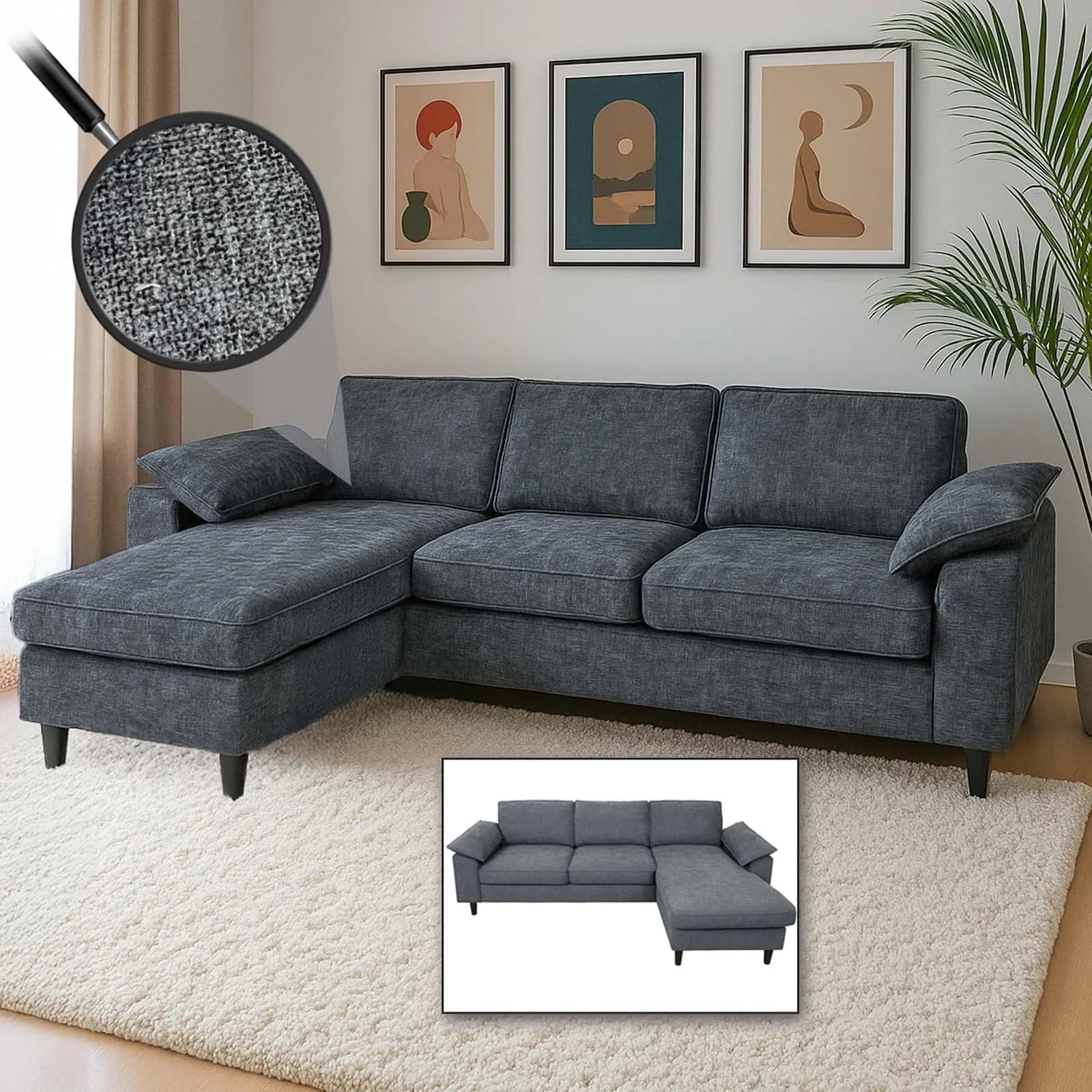 MCW Ecksofa MCW-O71 L-Form Grau mit abnehmbarer Liegefläche