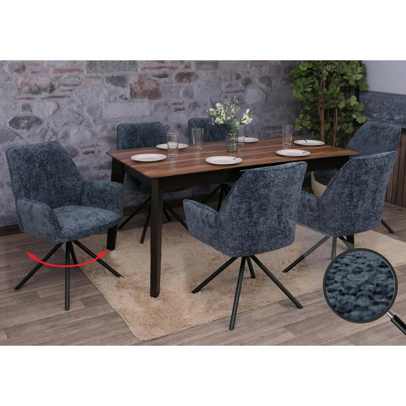 MCW 6er-Set Esszimmerstuhl mit Armlehne Dunkelblau Chenille