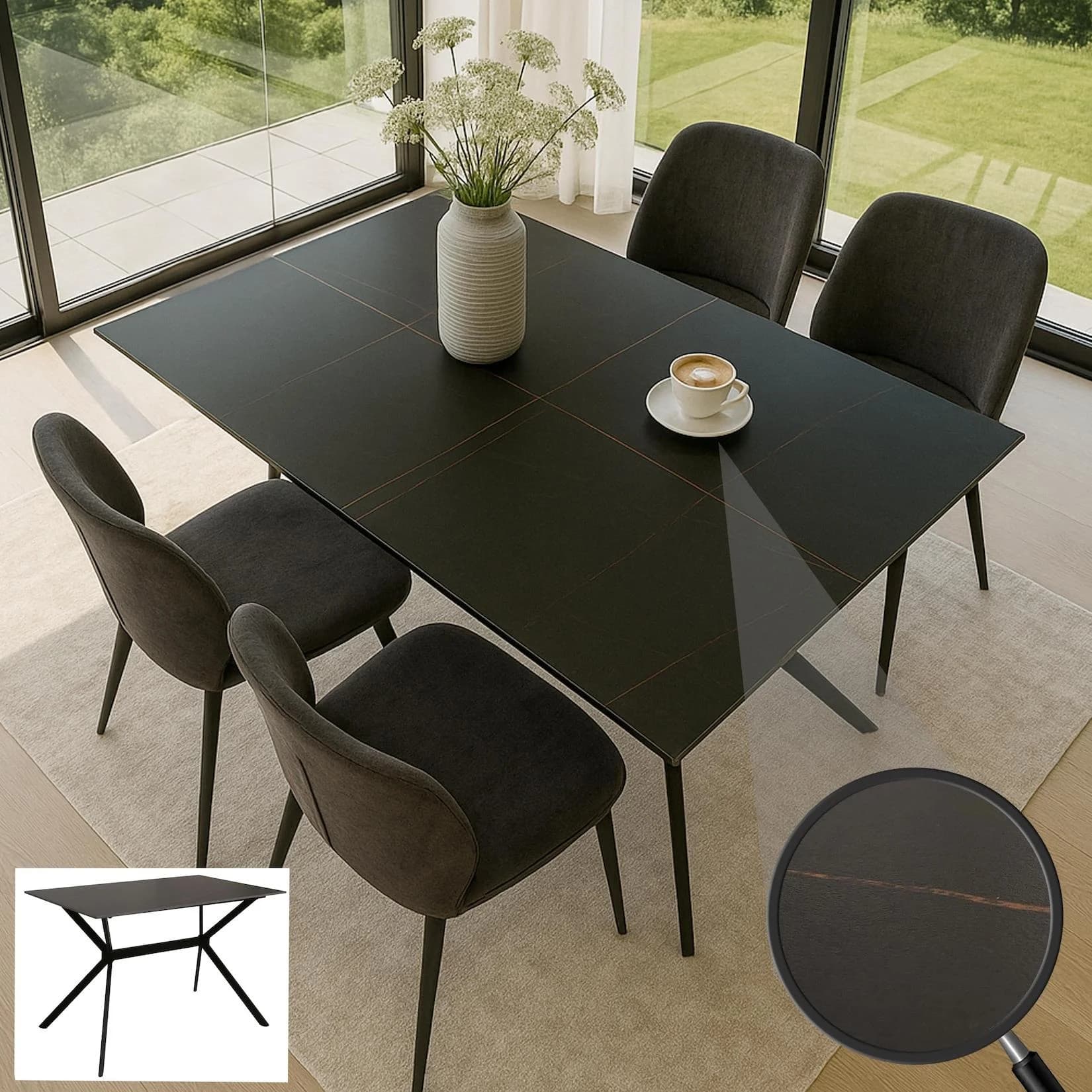 Esszimmertisch MCW-O58, Esstisch Sinterstein Metall, Marmor-Optik 120cm Schwarz-Gold