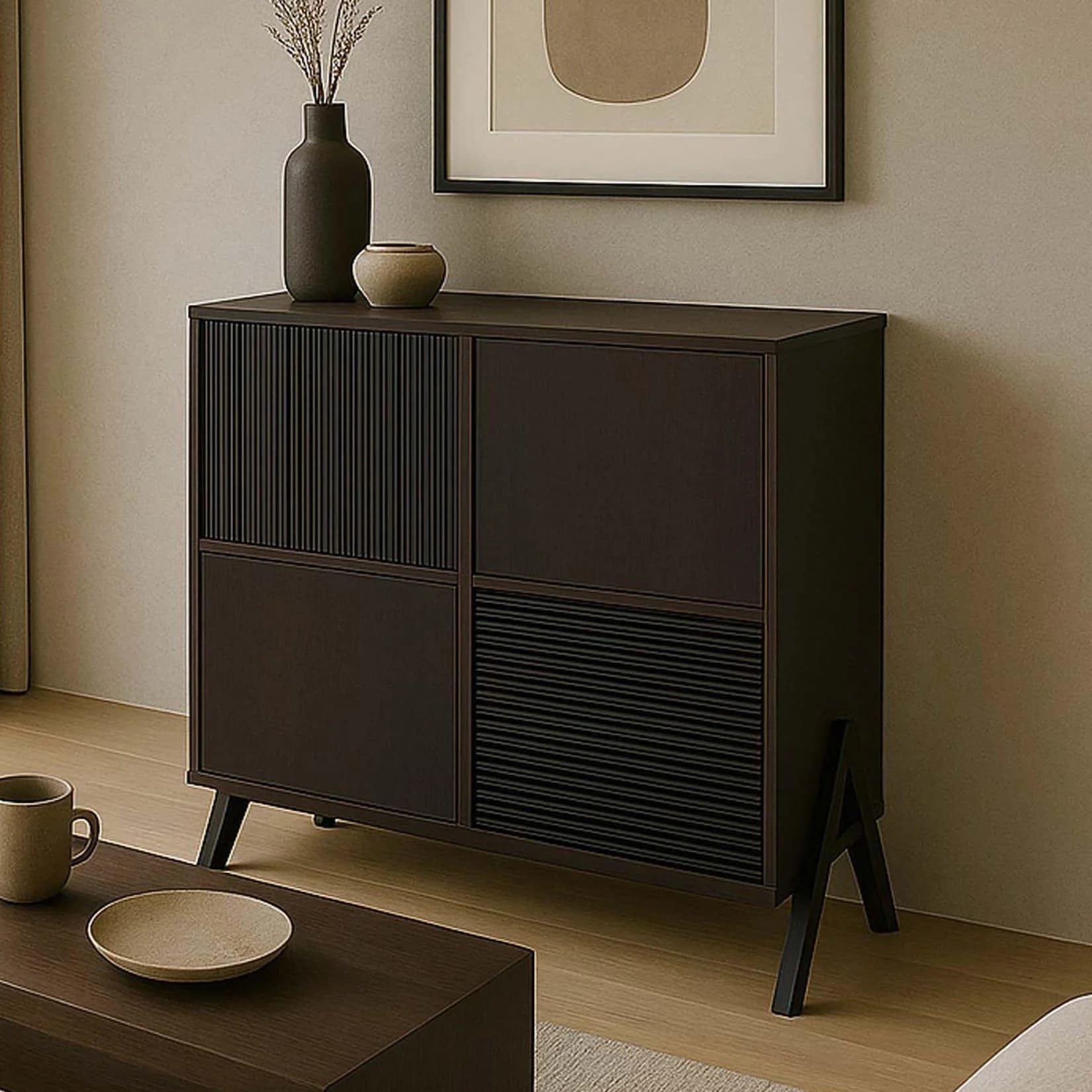 Kommode MCW-O40 Schrank Sideboard Highboard MDF Metall Melamin Walnuss-Optik