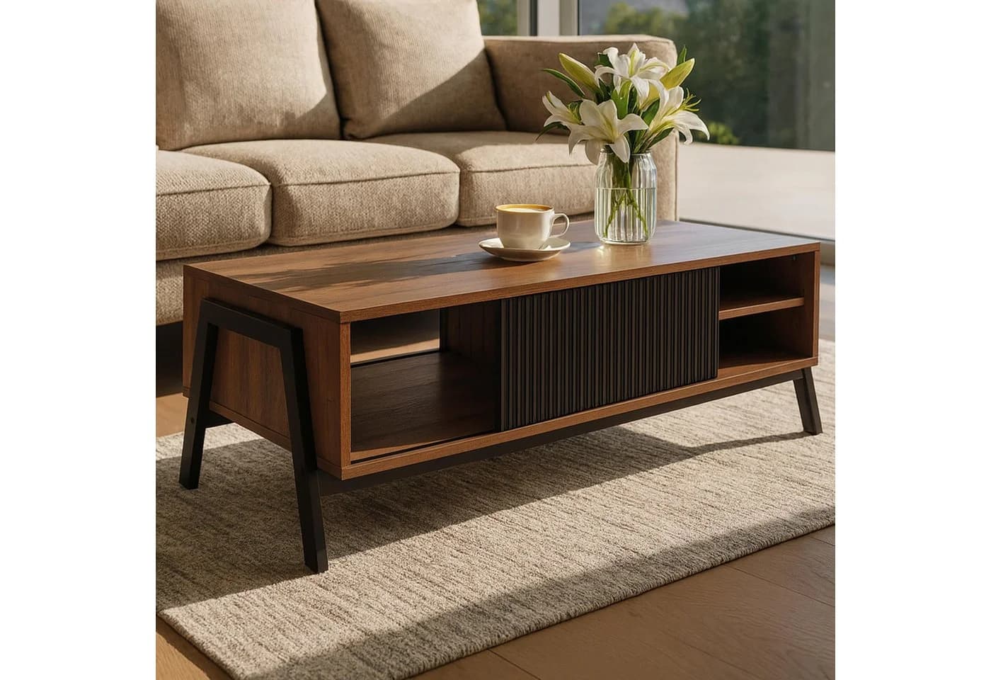 Couchtisch MCW-O40 Wohnzimmertisch Sofatisch Staufächer Schiebetür - Bild 3