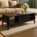 Couchtisch MCW-O40 Wohnzimmertisch Sofatisch Staufächer Schiebetür MDF Metall Melamin Walnuss-Optik Bild 1