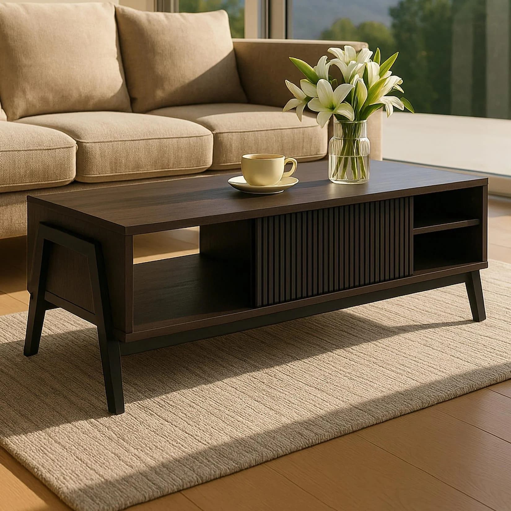 Couchtisch MCW-O40 Wohnzimmertisch Sofatisch Staufächer Schiebetür MDF Metall Melamin Walnuss-Optik