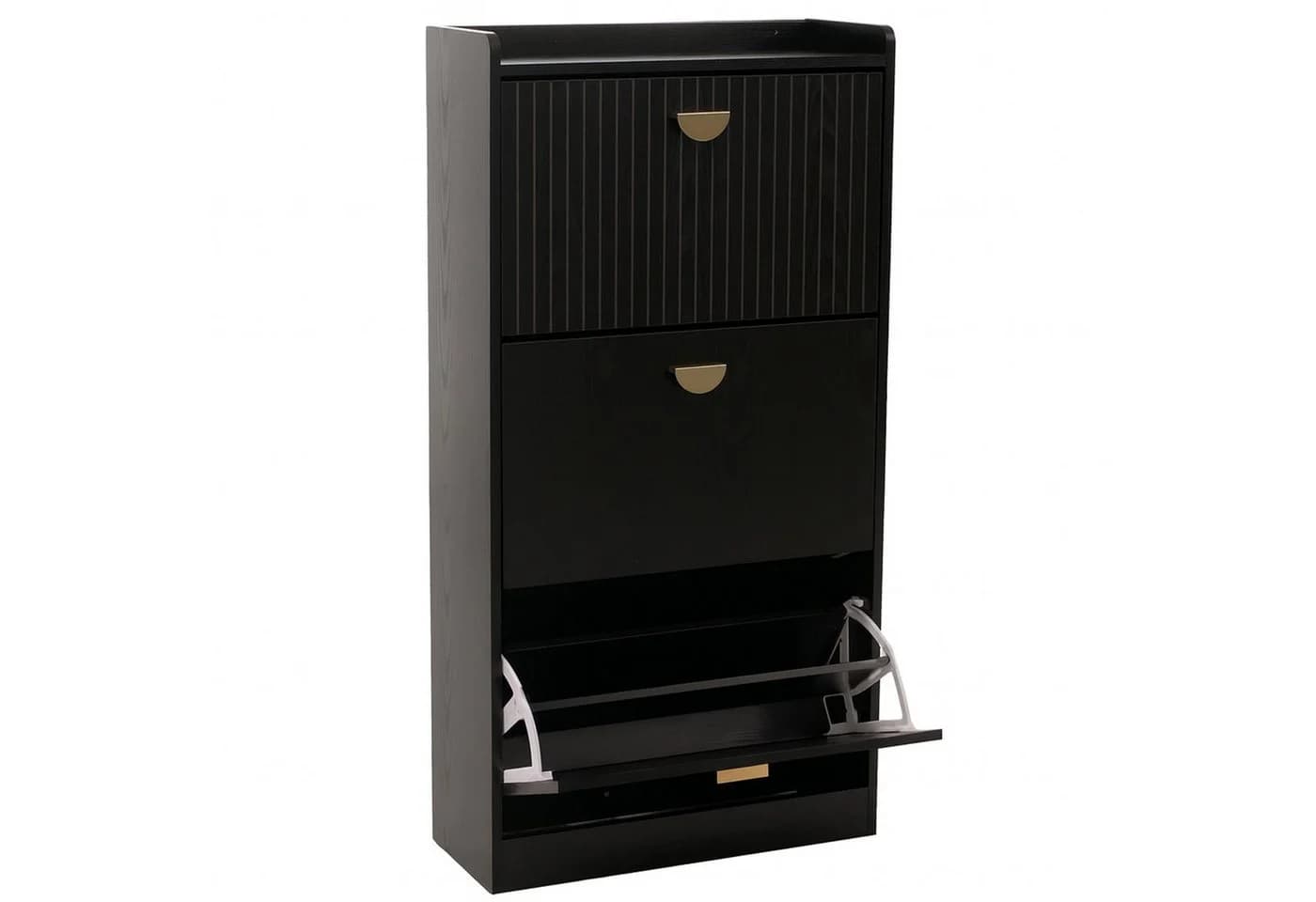 Schuhschrank MCW-O39 Schuhkipper Schuhregal 3 Klappen Klappfächer MDF Melamin Metall Holzoptik Schwarz - Bild 2