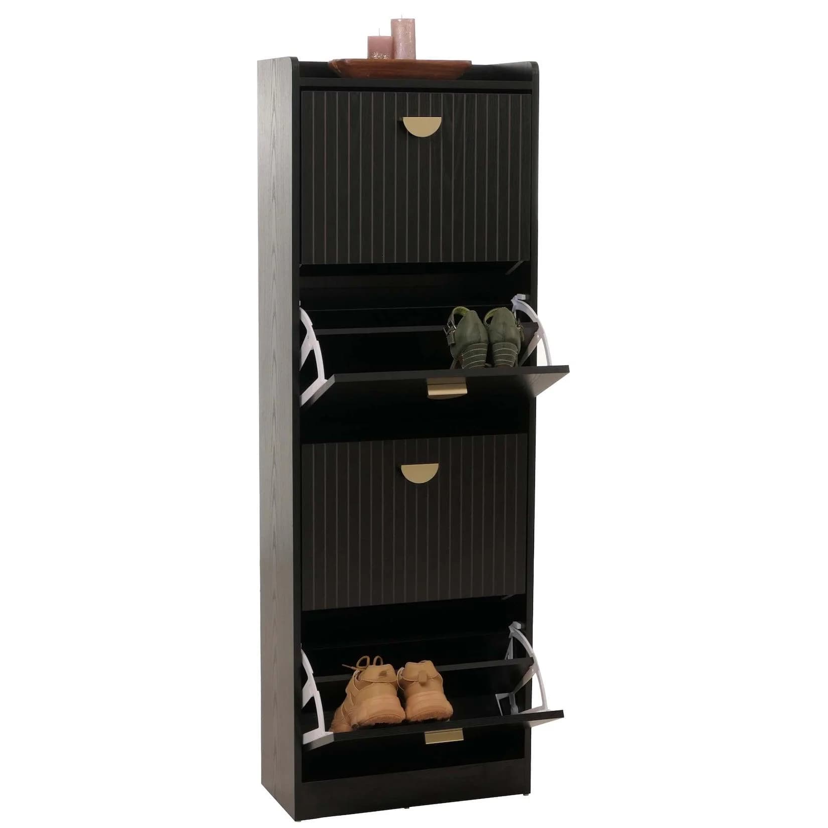 Schuhschrank MCW-O39, Schuhkipper Schuhregal 4 Klappen Klappfächer MDF Melamin Metall 148x50x24cm Holzoptik Schwarz