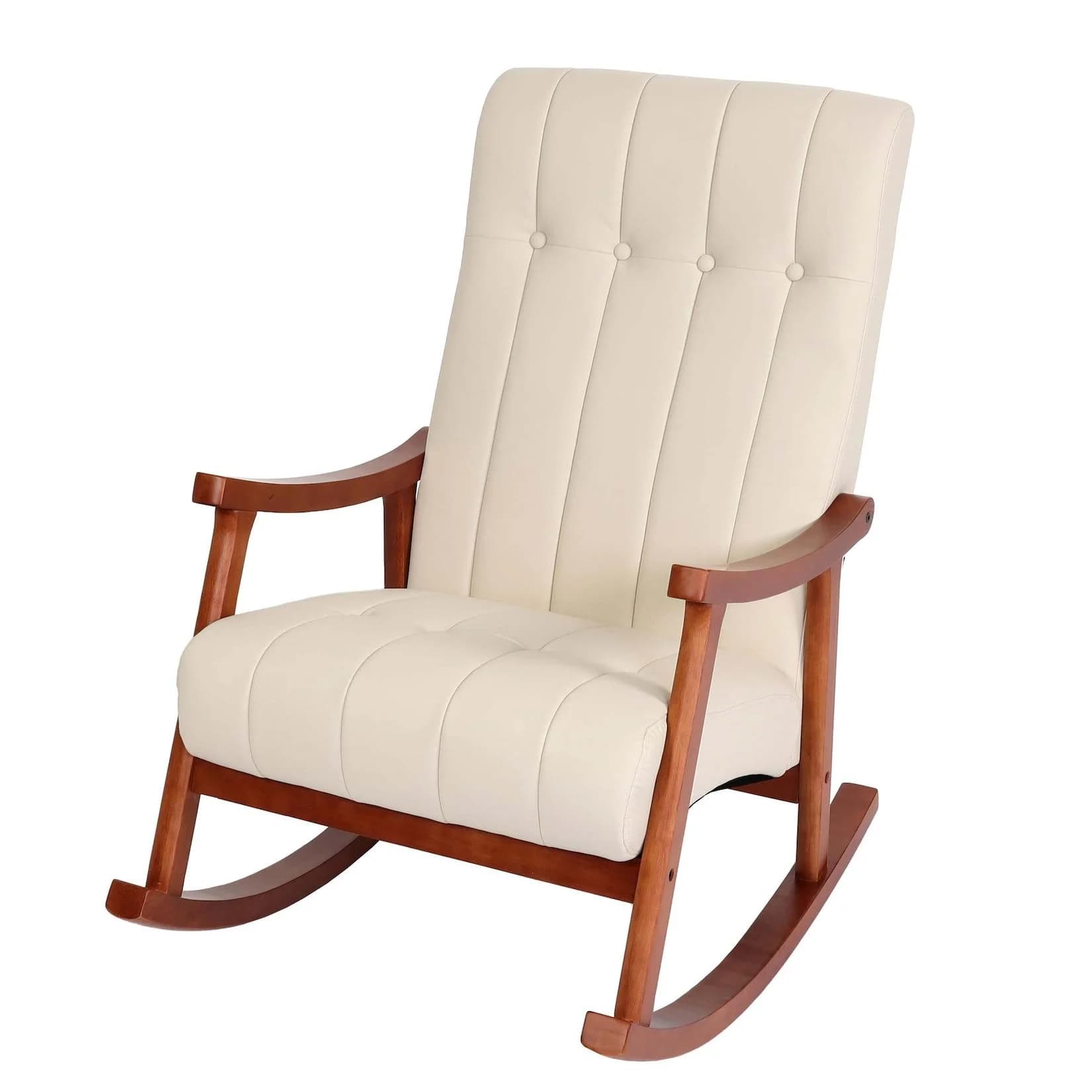 Schaukelstuhl MCW-K10 Kunstleder Creme Walnuss-Optik Relaxsessel