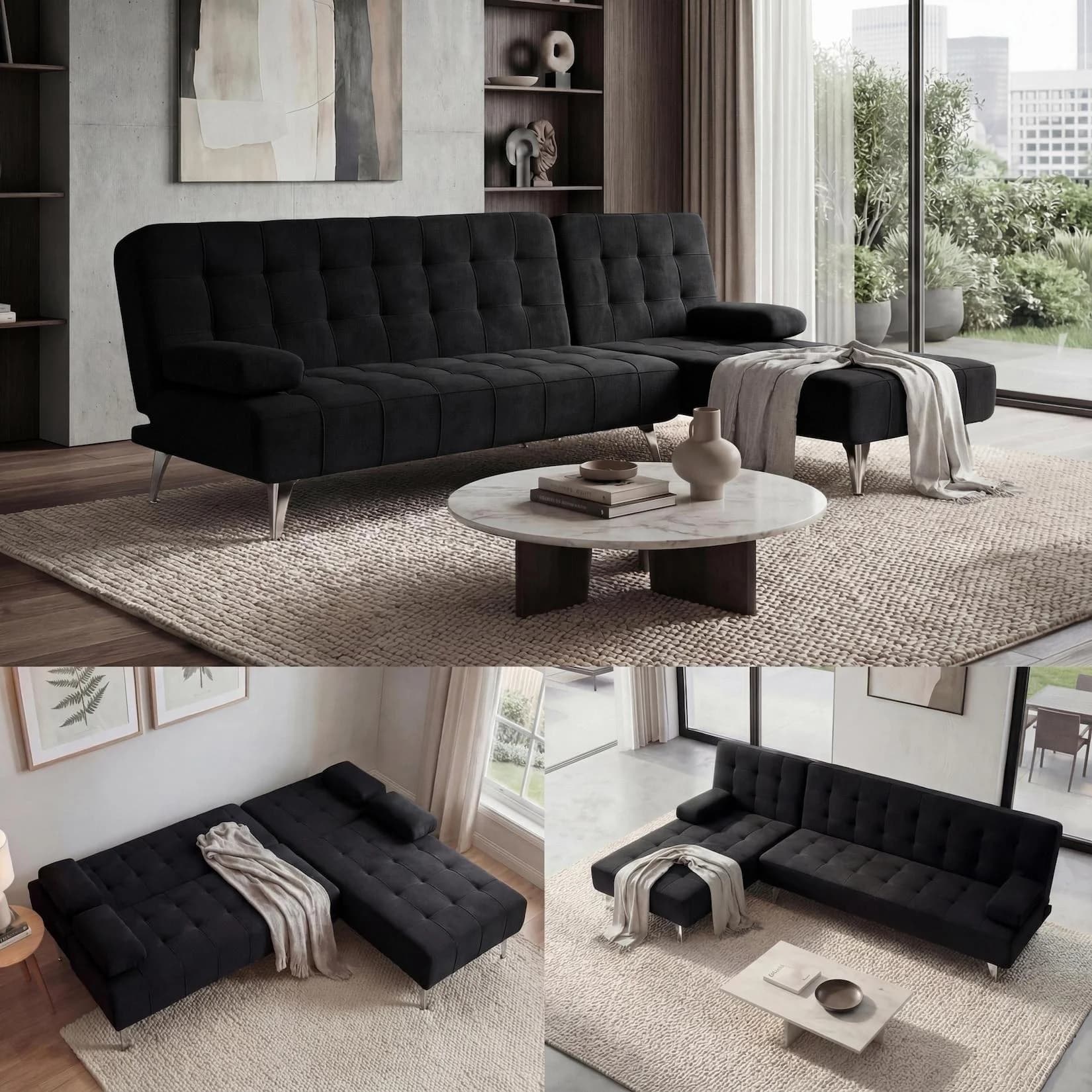 MCW Schlafsofa Ecksofa Schwarz Samt Schlaffunktion