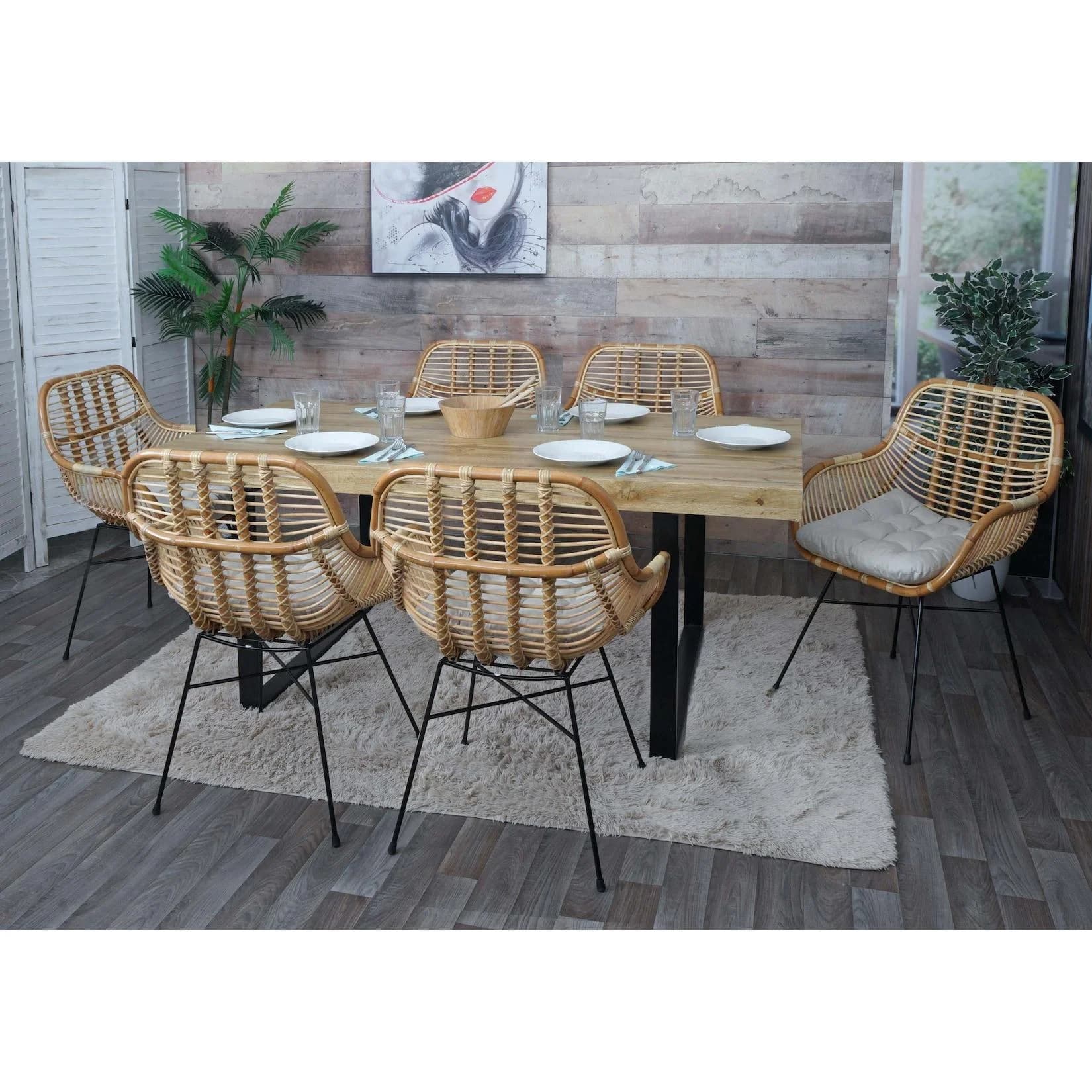 6er-Set Esszimmerstuhl MCW-P17 Rattan Metall Polster Creme