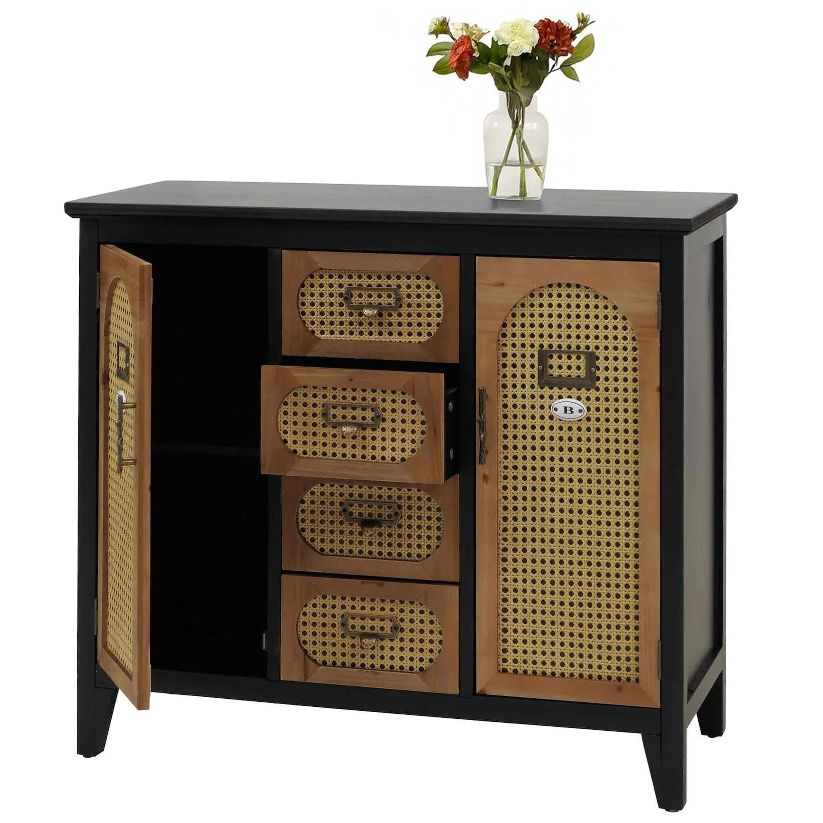 Apothekerkommode MCW-O63 Sideboard Schrank Staufächer Schubladen Vintage Rattanoptik