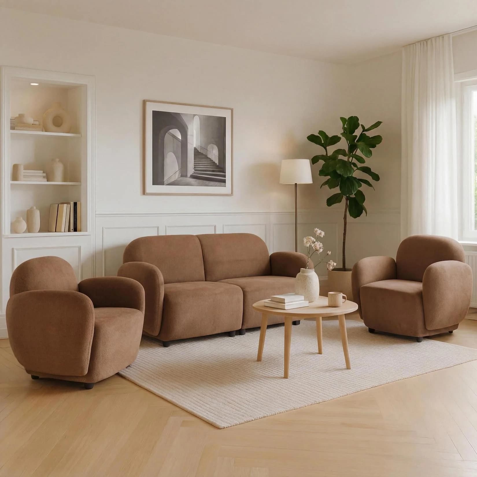 Wohnzimmer-Set MCW-P33 2er-Sofa 2x Sessel Stoff Chenille Braun