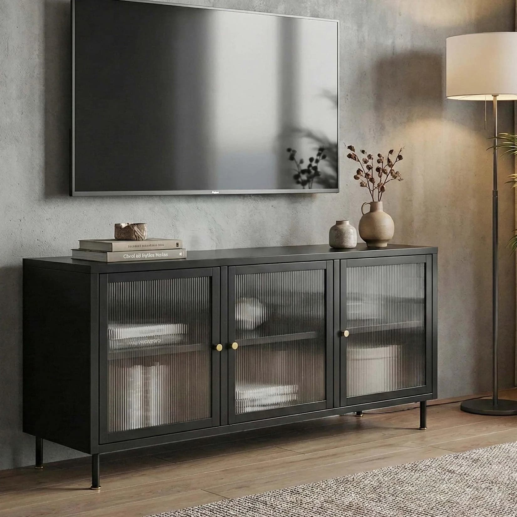 TV-Rack MCW-O87 Lowboard TV-Schrank Sideboard Industrial Metall Schilfglas