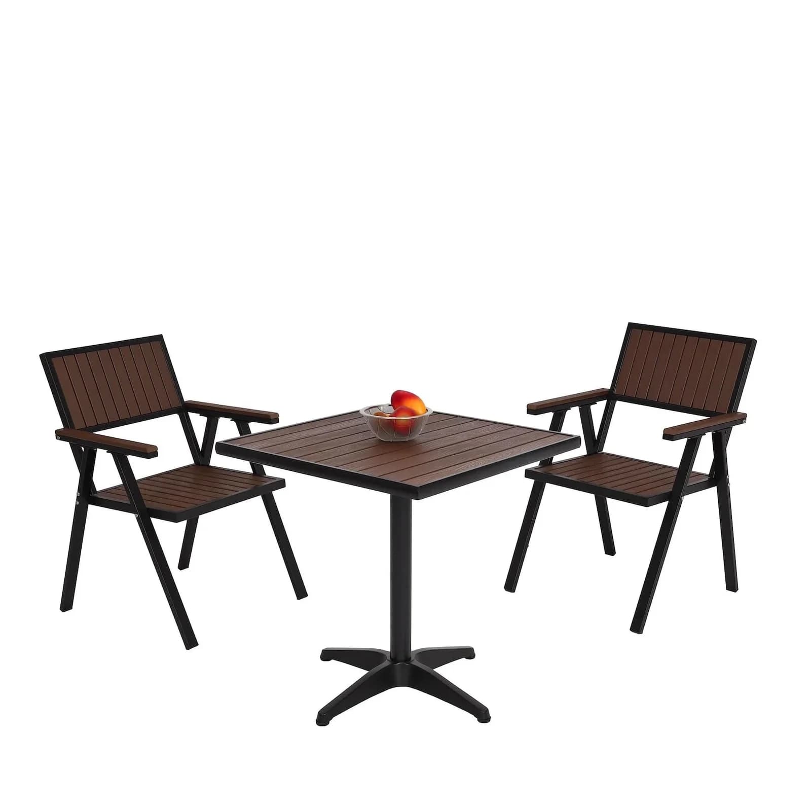 MCW 2er-Set Gartenstuhl+Gartentisch Alu-Holzoptik Schwarz/Dunkelbraun