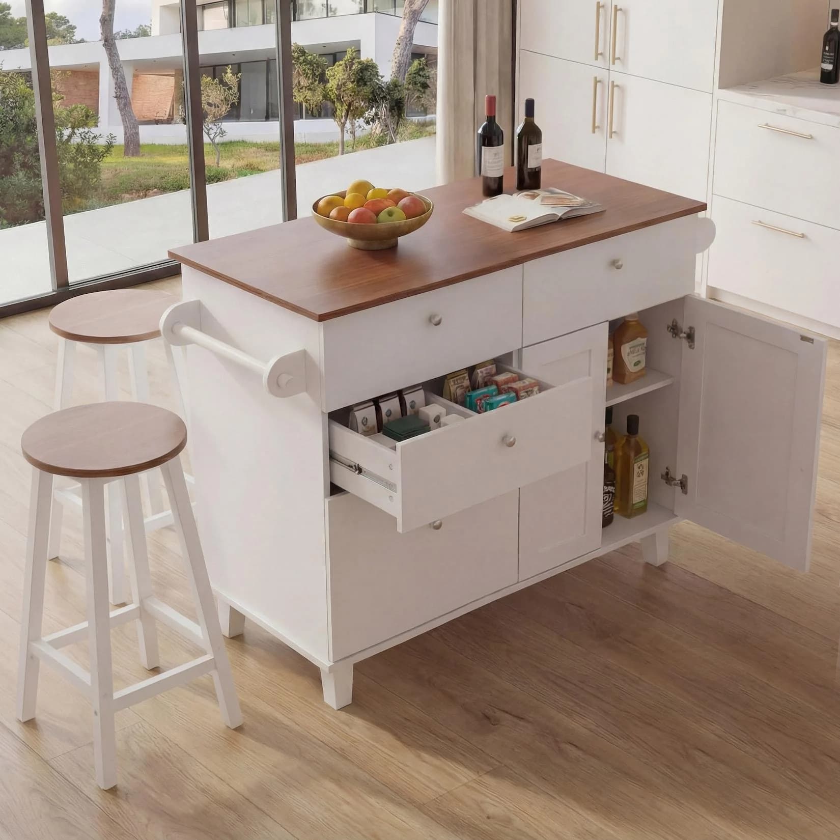 Kücheninsel MCW-P62 mit 2 Sitzhockern, weiß, helles Holz