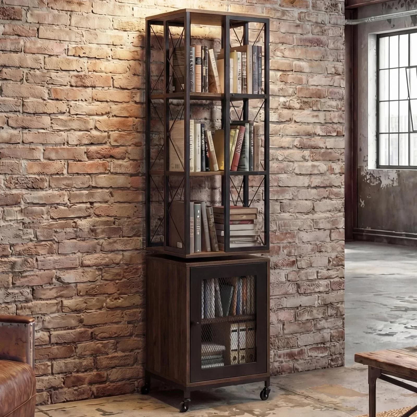 MCW Bücherregal MCW-P13 drehbar Metall Industrial dunkelbraun