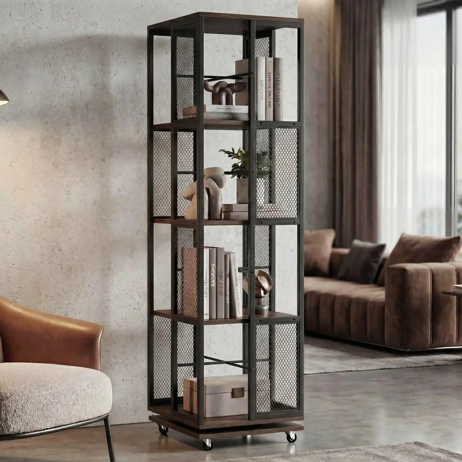 MCW Bücherregal MCW-P13 drehbar Metall Industrial dunkelbraun