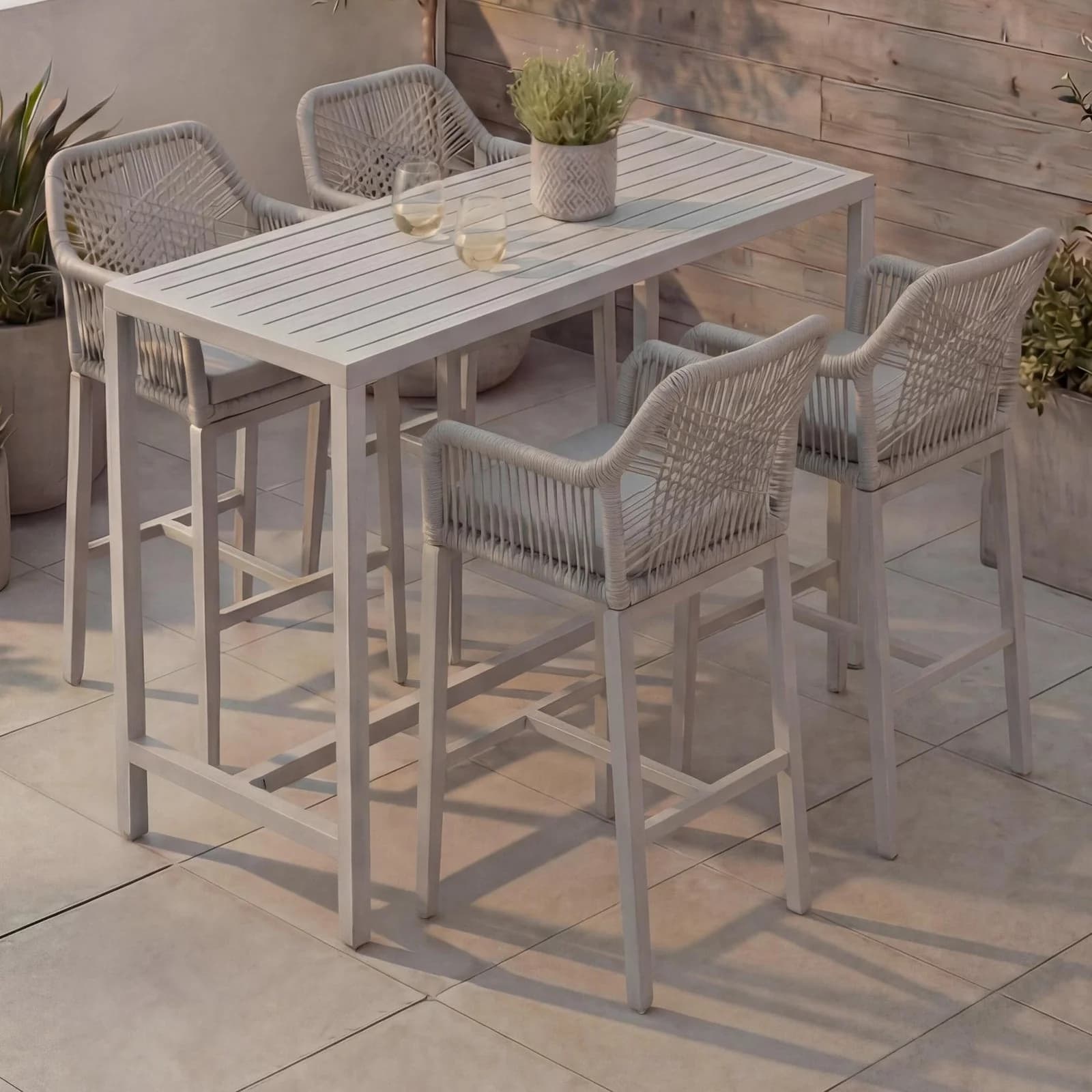 MCW-P91 Bartisch Set mit 4 Barhockern Outdoor Seilgeflecht hellgrau