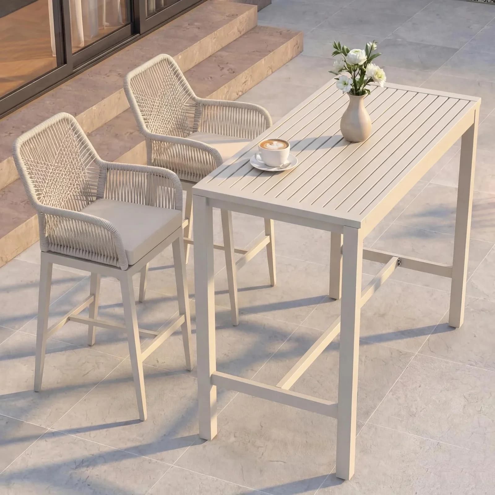 MCW Bartisch Set mit 2x Barhocker Outdoor Seilgeflecht creme