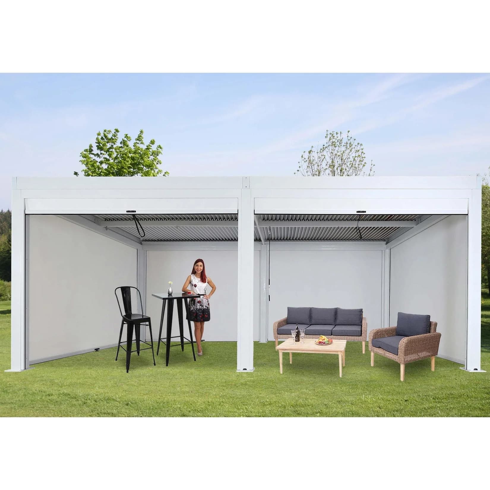 MCW Pergola 3x6m Weiß mit Lamellen, Rollo & 6 Seitenwänden