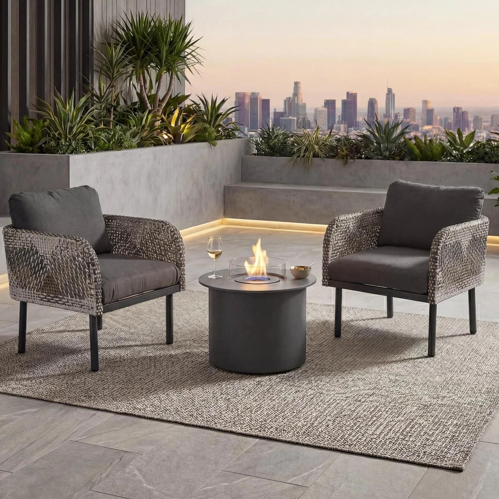 MCW Poly-Rattan Garnitur MCW-P80 Lounge-Set Garten dunkelgrau mit Tischkamin