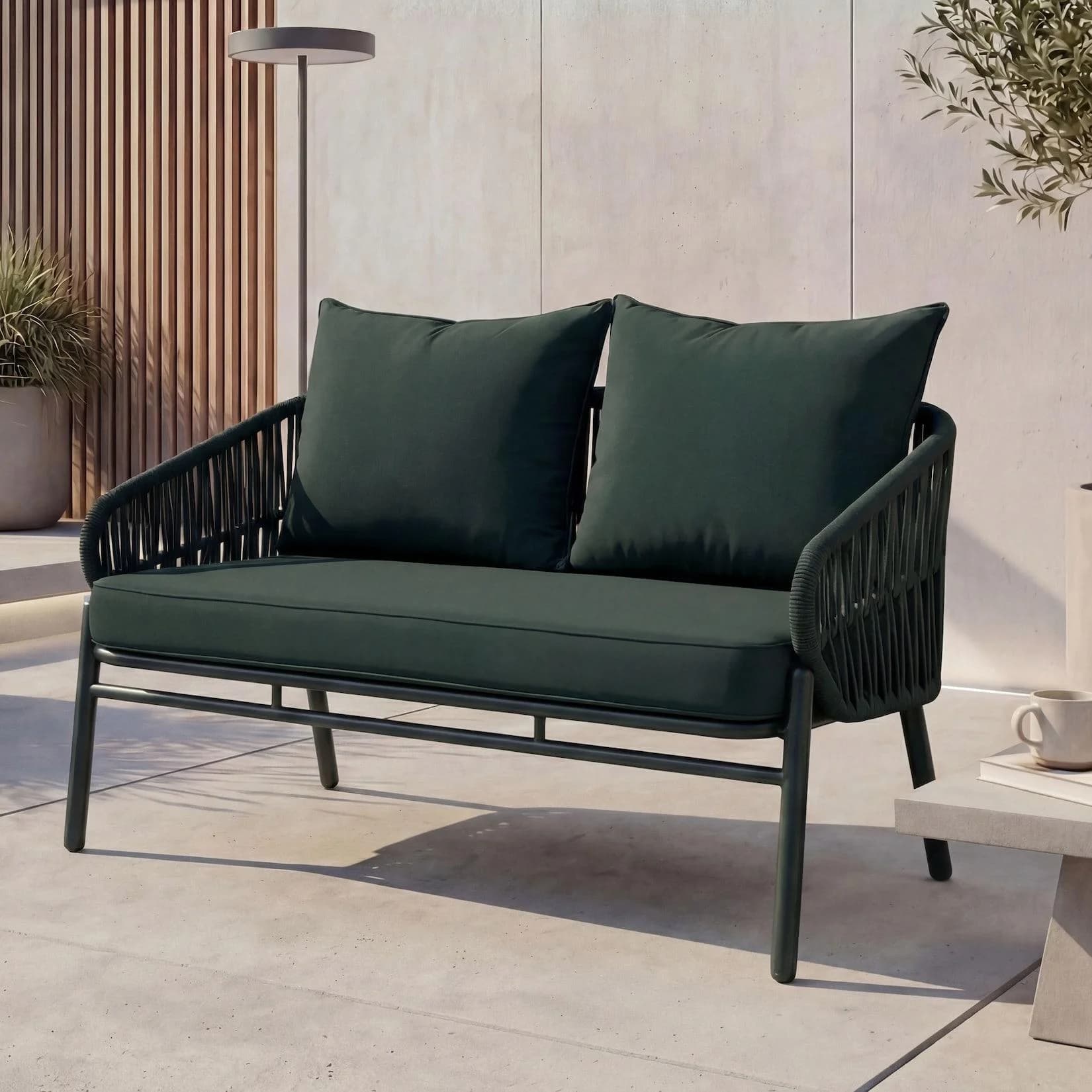 Aluminium Gartenbank MCW-P90 Outdoor Sitzbank Seilgeflecht Grün