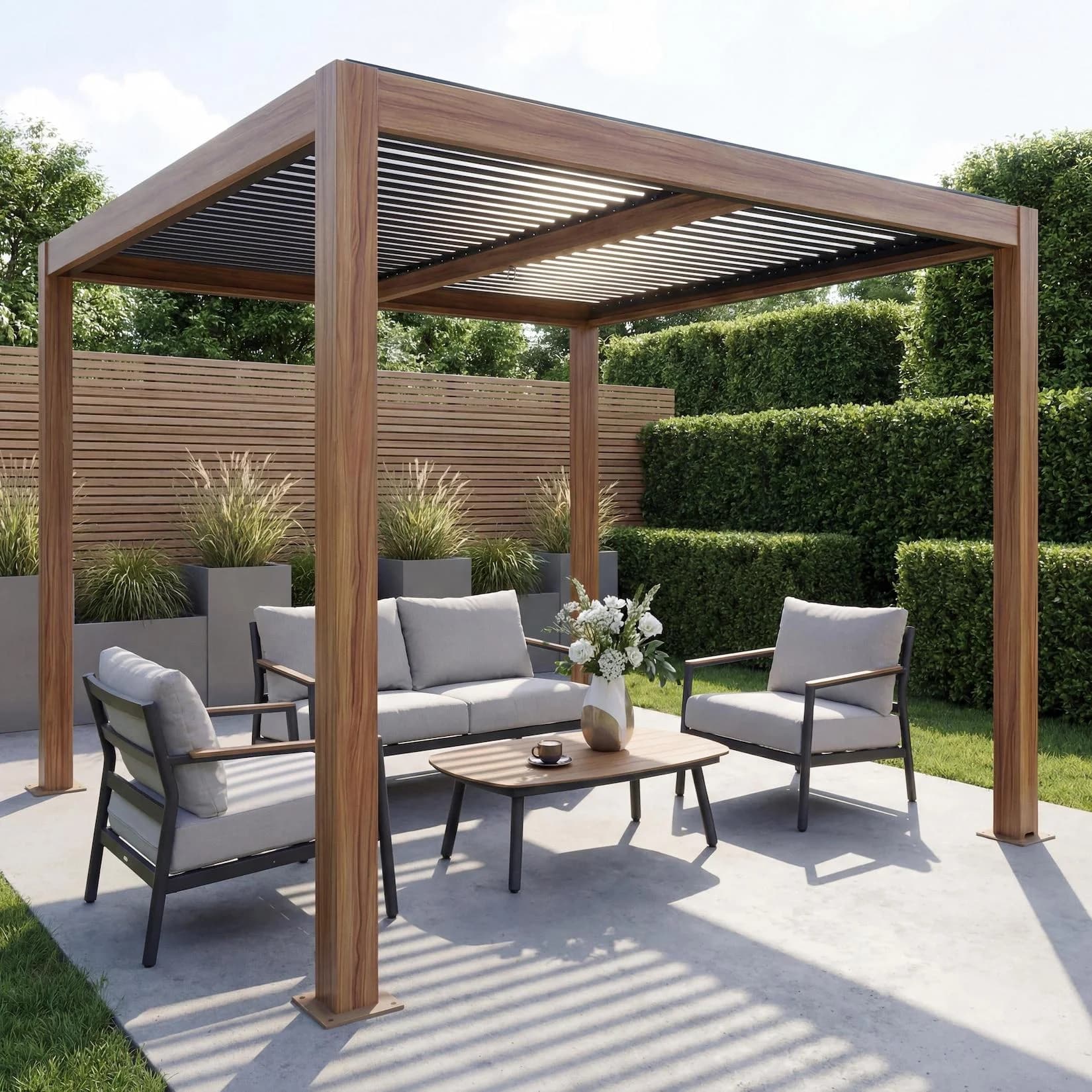 Pergola MCW-L46 Gartenpavillon Lamellen-Pavillon Aluminium-Gestell Holzoptik