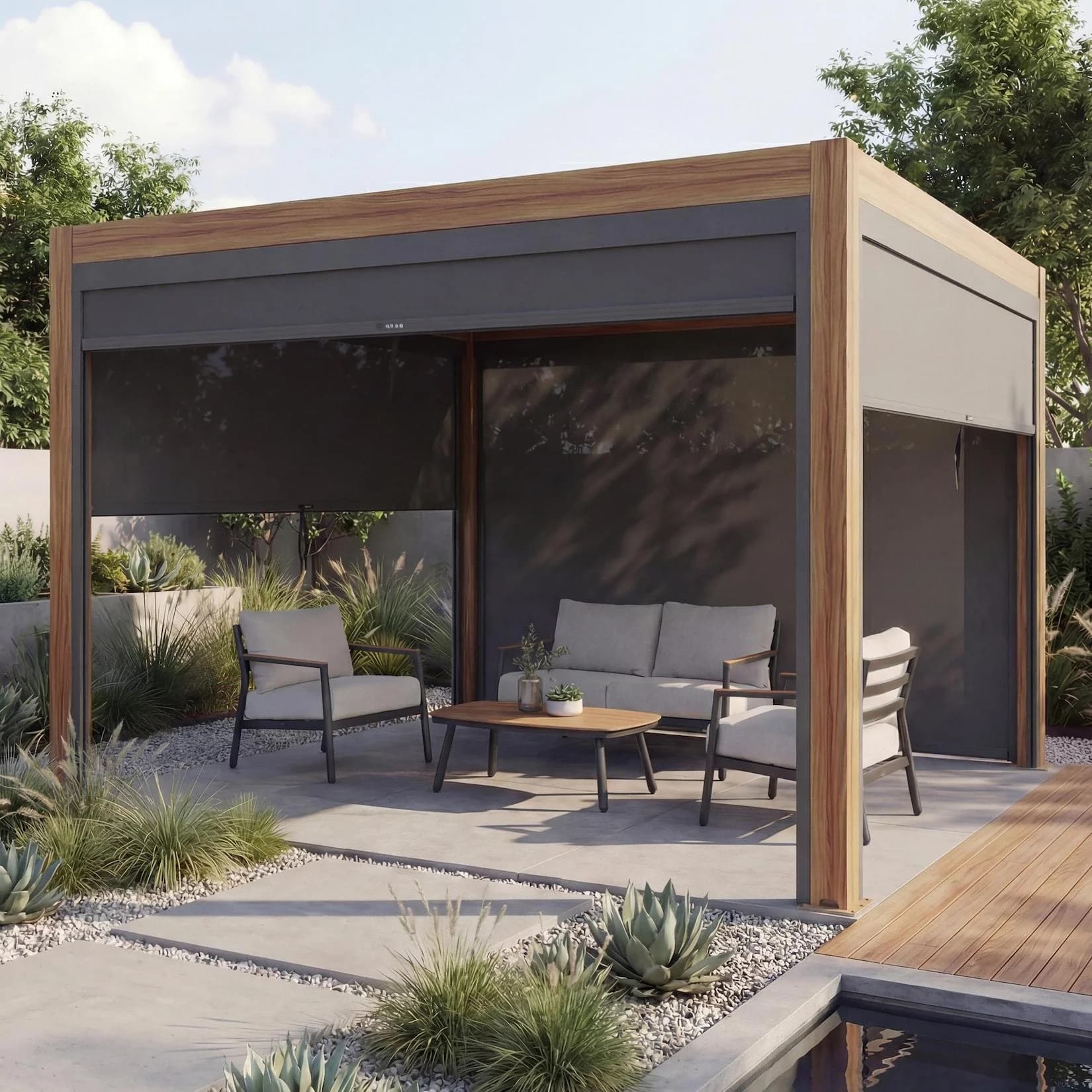 Pergola MCW-L46 mit Seitenwand, Lamellen-Pavillon Rollo, 10cm-Alu-Gestell, sturmfest 3x3m Holzoptik Anthrazit